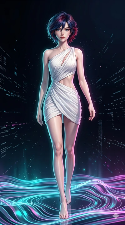 score_9, masterpiece, best quality, ultra-detailed, high-budget anime keyframe, Korean woman. low angle full-body shot filling the entire 9:16 frame with her statuesque presence, stretching the vertical silhouette. stepping on holographic fluid ribbo