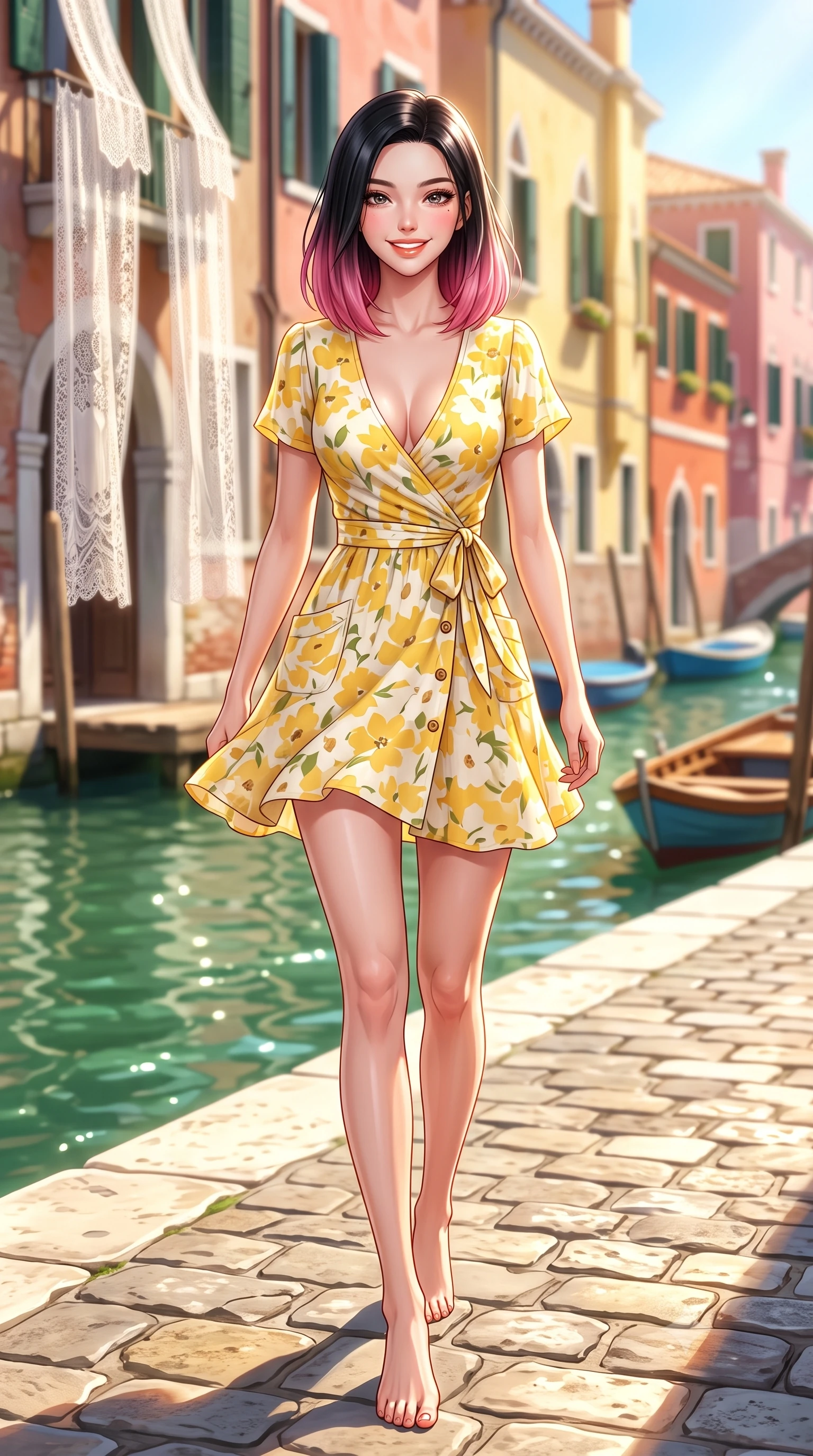 score_9, masterpiece, best quality, ultra-detailed, high-budget anime keyframe, semi-realistic 3D game render, editorial fashion photography, tasteful artistic composition, Korean woman. low angle full-body shot from head to toe showing her feet, filling the entire 9:16 vertical frame with her statuesque presence, stretching her vertical silhouette. stepping forward gracefully in mid-motion with a radiant beaming smile, hips swaying in an alluring kinetic rhythm that accentuates her curvy hourglass silhouette and long slender legs while walking down the cobblestone quay, her chic form-fitting outfit hugging her narrow waist and rounded hips as green canal water sparkles. The composition keeps background elements in soft focus with dreamy creamy bokeh. hanging handmade lace curtains and small wooden boats softened in charming Italian shallow focus. She has an exceptionally tall and slender model-like 8.5-heads proportion, an ultra-slim waist, a flat toned midriff, narrow delicate ribcage, and beautifully sculpted feminine hips creating a graceful, slim hourglass silhouette without any bulky heaviness, with impossibly long slender legs. sharp v-shaped jawline, high-bridge nose, intricate jewel-like sparkling eyes with depth, thick eyelashes, glossy parted lips with a natural peach sheen, bright cheerful beaming smile with an enchanting and coquettish sensual glint, exuding both youthful cute charm and seductive allure, flawlessly proportioned anatomical accuracy, strict slender model proportions, natural body alignment, perfectly sculpted long slender limbs, ultra-slim waistline, clean dynamic posture without body distortion. wearing a breezy wrap mini dress with a deep V-neckline and tie-waist accentuating her sculpted flat midriff and hips in bright butter yellow and fresh cream white, tailored from fine lightweight chiffon that flutters gently in the breeze, finished with neat front wooden buttons and delicate pocket details, the glove-like silhouette tightly following the natural contour of her hips and long slender legs with youthful 8.5-heads elegance. bathed in brilliant midday Mediterranean sunlight reflecting off vibrant colorful walls. highly saturated vibrant anime colors, detailed shading with soft gradients, rich glossy textures, high-contrast stereoscopic depth, volumetric dynamic lighting, master piece, 9:16 ratio