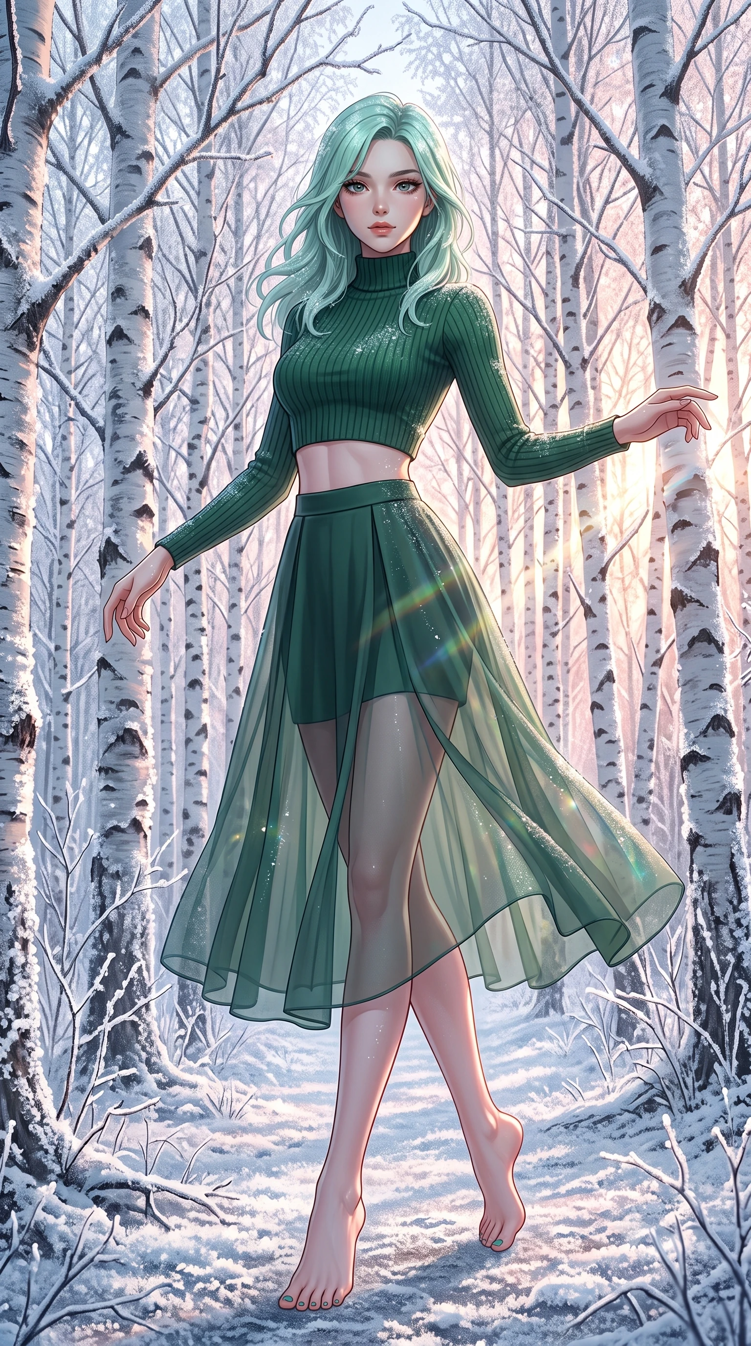 score_9, masterpiece, best quality, ultra-detailed, high-budget anime keyframe, editorial fashion photography, tasteful artistic composition, Japanese woman. low angle full-body shot from head to toe showing her feet, filling the entire 9:16 vertical frame with her statuesque presence, stretching her vertical silhouette. dancing with weightless, happy grace through walking through a quiet white birch grove where every twig is coated in a thick layer of crystal frost at sunrise. She has a statuesque 8.5-heads proportion, an exceptionally tall, slender and willowy model-like build with impossibly long legs and a highly sculpted ultra-slim waist. sharp v-shaped jawline, high-bridge nose, intricate jewel-like eyes with depth, thick eyelashes, glossy lips with a natural sheen. wearing a high-neck ribbed crop top in forest green, paired with a midi skirt featuring a sheer chiffon overlay revealing her legs. cold morning sunbeams cutting through the birch trees, creating a sparkling prismatic glare on the frosted forest. 2k, ultra detail, master piece, 9:16 ratio