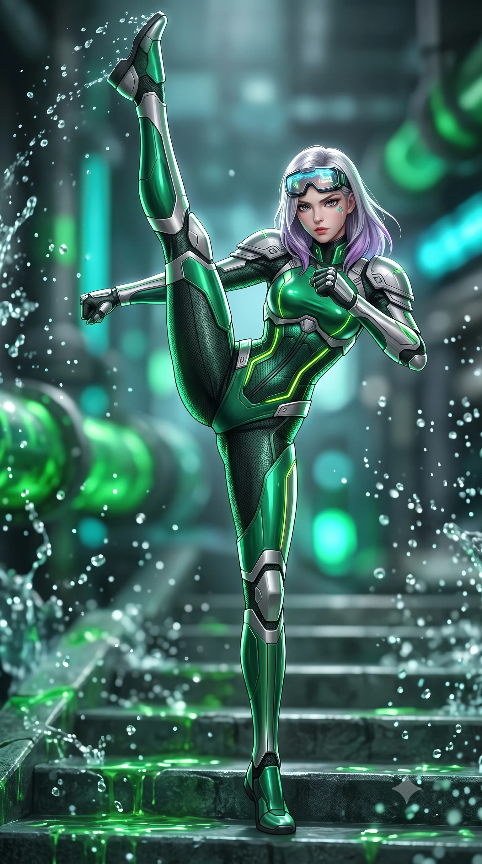 score_9, masterpiece, best quality, ultra-detailed, high-budget anime keyframe, semi-realistic 3D game render, editorial fashion photography, tasteful artistic composition, Caucasian woman. low angle full-body shot from head to toe showing her feet, filling the entire 9:16 vertical frame with her statuesque presence, stretching her vertical silhouette. executing a breathtaking zero-gravity high-kick with full 180-degree vertical extension, her impossibly long slender legs dominating the frame with razor-sharp poise while pivoting dynamically on submerged concrete steps as glowing green bio-chemical sludge reflects off her polished armor. The composition keeps background elements in soft focus with creamy bokeh. splashing water droplets and glowing green biochemical drain pipes blurred into radiant emerald, cyan, and charcoal bokeh. She has an absolutely perfect, statuesque 8.5-heads proportion, an exceptionally tall and slender model-like female figure with impossibly long slender legs, a toned flat midriff, and an ultra-slim waist. sharp v-shaped jawline, high-bridge nose, intricate jewel-like eyes with depth, thick eyelashes, glossy lips with a natural sheen, fierce and resolute heroine expression, flawlessly proportioned anatomical accuracy, strict slender model proportions, natural body alignment, perfectly sculpted long slender limbs, ultra-slim waistline, clean dynamic posture without body distortion. wearing high-tech holographic tactical goggles resting tipped up on her forehead, casting glowing neon runes across her brow without obscuring her features, paired with a statuesque high-fashion cyber-warrior armor suit with platinum bevels, heavy articulated shoulder guards, and an ultra-slim waist-cinching corset in toxic emerald green carbon composite with glowing lime warning channels, tailored from flexible second-skin ballistic carbon-mesh adhering flawlessly to her athletic build, finished with high-mobility flexible armor articulation seams and miniature magnetic locks, the glove-like aerodynamic second-skin fit tightly clinging to her ultra-slender waist and athletic curves without adding bulk, accentuating her razor-sharp statuesque lines and slim hourglass silhouette. surrounded by an agile, lethal, and breathtakingly athletic aquatic infiltration operative aura. rich saturated anime colors with glowing neon highlights, detailed shading with soft gradients, rich glossy textures, high-contrast stereoscopic depth, volumetric dynamic lighting, master piece, 9:16 ratio