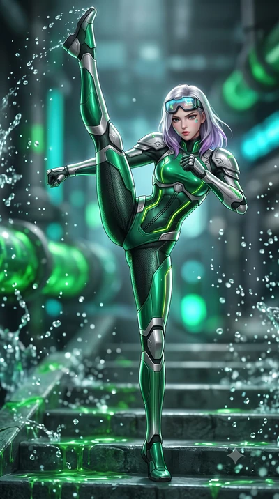 score_9, masterpiece, best quality, ultra-detailed, high-budget anime keyframe, semi-realistic 3D game render, editorial fashion photography, tasteful artistic composition, Caucasian woman. low angle full-body shot from head to toe showing her feet, 