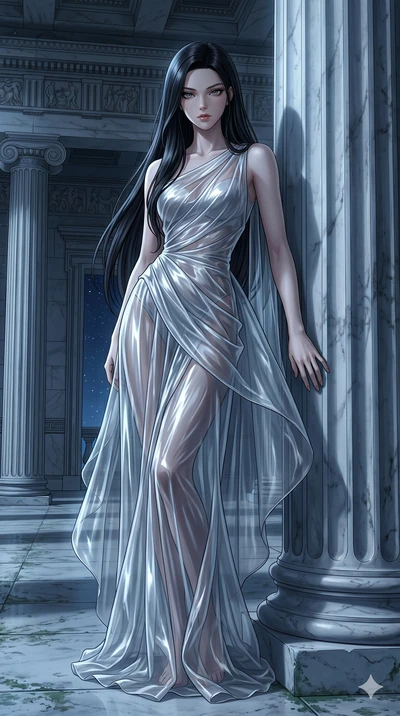 score_9, masterpiece, best quality, ultra-detailed, High-budget Anime Keyframe, East Asian woman. Low angle cowboy shot filling the entire 9:16 frame with her statuesque presence. Scenario 193: Leaning against a cold marble pillar in a moonlit greek 