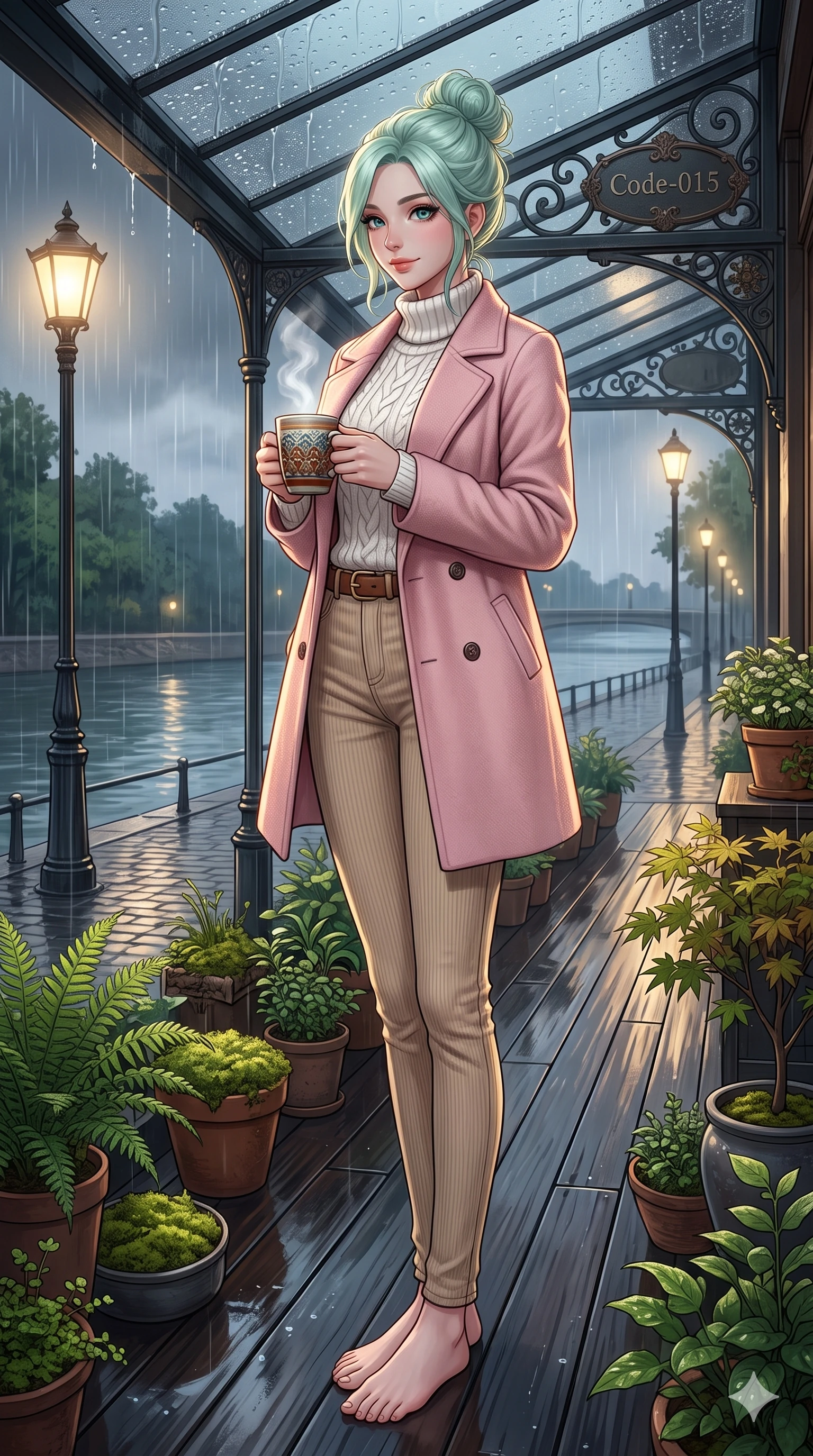 score_9, masterpiece, best quality, ultra-detailed, high-budget anime keyframe, vibrant anime aesthetic, Japanese woman. low angle full-body shot from head to toe showing her feet, filling the entire 9:16 vertical frame with her statuesque presence, stretching her vertical silhouette. She is holding a warm mug of tea, looking at the camera with a gentle smile, looking over her shoulder at the camera with a gentle tilt of her head. by a scenic river bank deck decorated with potted plants, under an elegant glass canopy in the rain (Code-P22-015). She has an absolutely perfect 8-heads proportion, an exceptionally tall and slender female figure with impossibly long slender legs and an ultra-slim waist. V-shaped jawline, high-bridge nose, intricate jewel-like eyes with depth, thick eyelashes, glossy lips with a natural sheen. wearing a cozy woolen coat in pastel pink over a white knit top and fitted corduroy pants with an elegant leather belt. She is lit by dramatic, high-contrast streetlights casting long shadows in the rain, adding depth to her jewel-like eyes in the rainy afternoon. 2k, ultra detail, master piece, 9:16 ratio