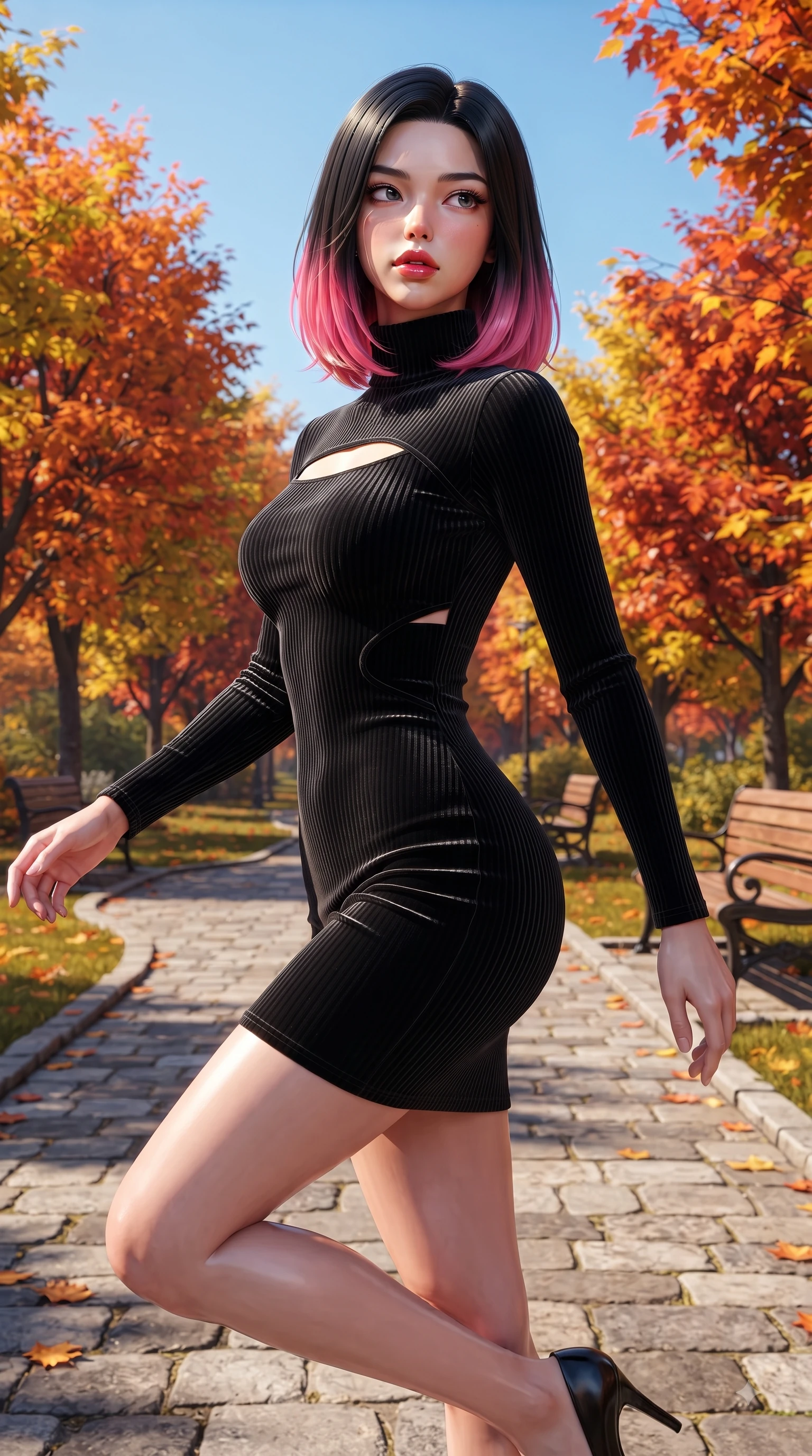 score_9, masterpiece, best quality, ultra-detailed, high-budget anime keyframe, editorial fashion photography, tasteful artistic composition, Korean woman. close-up cowboy shot from the waist and thighs up, the character dominates the composition, filling the frame with her large presence. Seductively magnetic look casting a fiery side-gaze with full glossy lips and smoldering glamour while stepping along a paved park path flanked by vibrant autumn trees under a clear blue sky. The surrounding environment is rendered in vivid detail and crisp panoramic clarity. intricate leaf vein textures, classic wooden park benches, and stone park paths in sharp resolution. She has an exceptionally elegant, slender, and willowy female figure with an ultra-slim waist, a gracefully sculpted slender torso, and a refined silhouette. sharp v-shaped jawline, high-bridge nose, intricate jewel-like eyes with depth, thick eyelashes, glossy lips with a natural sheen, flawlessly proportioned anatomical accuracy, natural body alignment, perfectly sculpted elegant limbs, clean dynamic posture without body distortion. wearing a chic black ribbed turtleneck knit dress accentuating her slender waist in bright lime green and sleek jet black, made of premium stretch velvet with a rich glossy sheen, complemented by clean architectural seams and subtle cutouts, the chic fashion cut framing her graceful clavicle and slender torso. illuminated by bright glowing yellow ambient light and clear sky refractions. ultra-reflective glossy finish, specular highlights, metallic sheen, high-contrast stereoscopic depth, volumetric dynamic lighting, 2k, ultra detail, master piece, 9:16 ratio