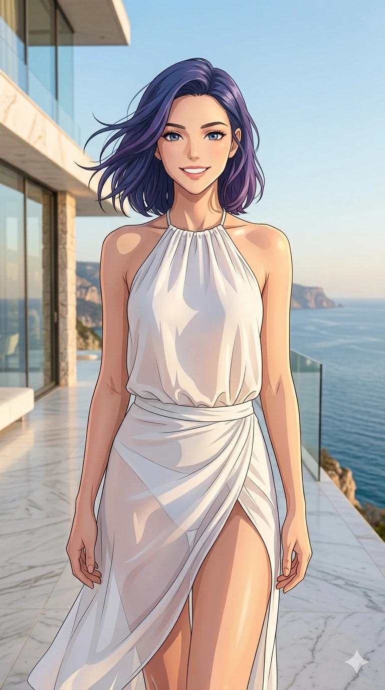 score_9, masterpiece, best quality, ultra-detailed, high-budget anime keyframe, editorial fashion photography, tasteful artistic composition, Caucasian woman, strictly human ears. cowboy shot from the thighs up, character and outfit filling the frame for maximum editorial presence. smiling radiantly at the camera, her hair blowing gently in the sea breeze standing on a white marble terrace of a modern cliffside villa overlooking the sea. She has an absolutely perfect 8-heads proportion, an exceptionally tall and slender female figure with impossibly long slender legs and an ultra-slim waist. V-shaped jawline, high-bridge nose, intricate jewel-like eyes with depth, thick eyelashes, glossy lips with a natural sheen. wearing a lightweight white chiffon halter top and a matching wrap skirt with a high side slit. bathed in warm, golden afternoon sunbeams that create soft specular highlights on her skin. 2k, ultra detail, master piece, 9:16 ratio