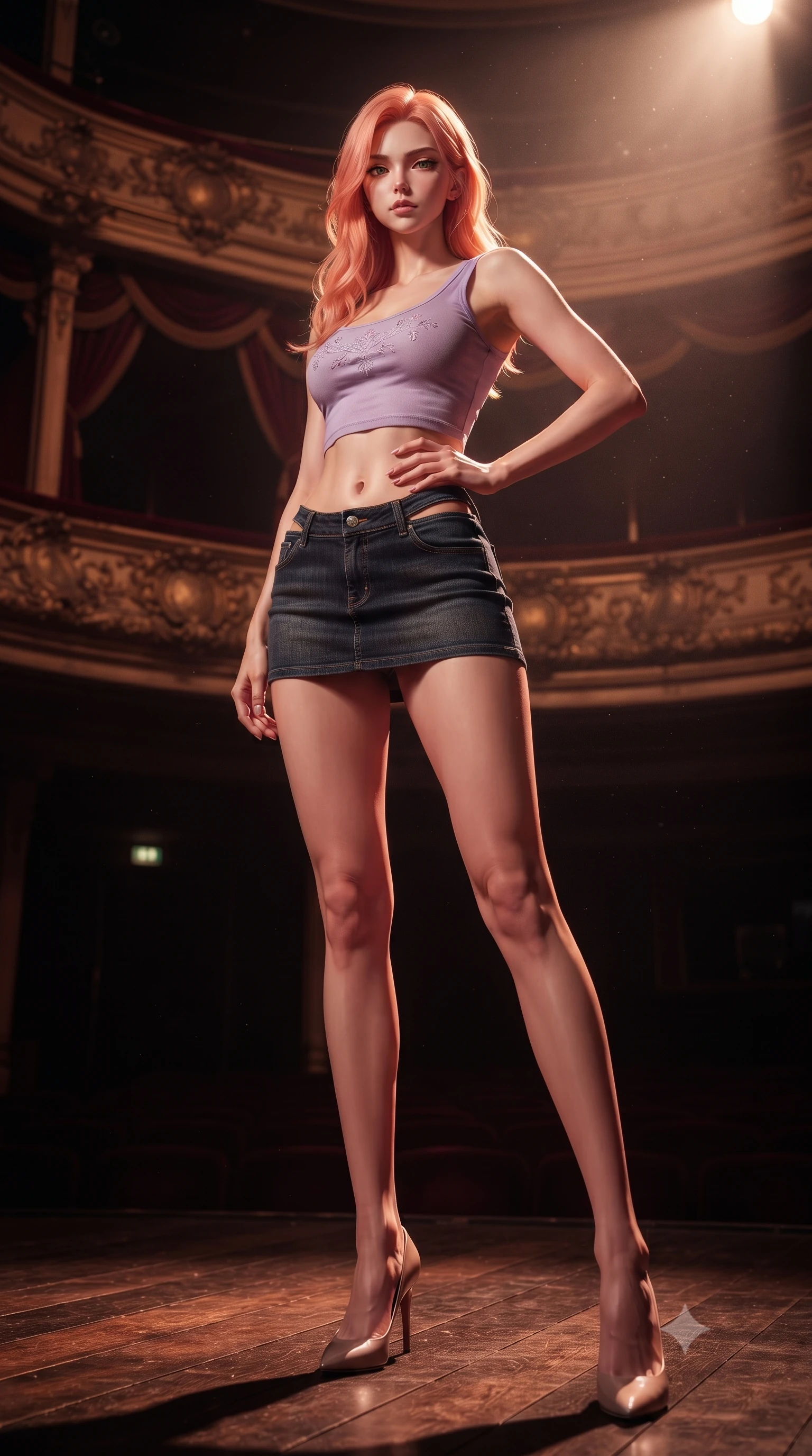 score_9, masterpiece, best quality, ultra-detailed, high-budget anime keyframe, editorial fashion photography, tasteful artistic composition, Japanese woman. low angle full-body shot from head to toe showing her feet, filling the entire 9:16 vertical frame with her statuesque presence, stretching her vertical silhouette. posing confidently with one hand on her hip, stretching her statuesque body to emphasize her curves the background shows a soft-focus an old velvet-draped opera box balcony overlooking a dimly lit theater stage. She has an absolutely perfect, statuesque 8.5-heads proportion, an exceptionally tall and slender model-like female figure with impossibly long slender legs and an ultra-slim waist. sharp v-shaped jawline, high-bridge nose, intricate jewel-like eyes with depth, thick eyelashes, glossy lips with a natural sheen. wearing a slim-fit modern crop top in lavender cotton paired with a low-rise denim skirt and a subtle waist cut-out. warm stage spotlight key light contrasting with deep crimson shadows. highly saturated vibrant anime colors, detailed shading with soft gradients, rich glossy textures, high-contrast stereoscopic depth, volumetric dynamic lighting, master piece, 9:16 ratio