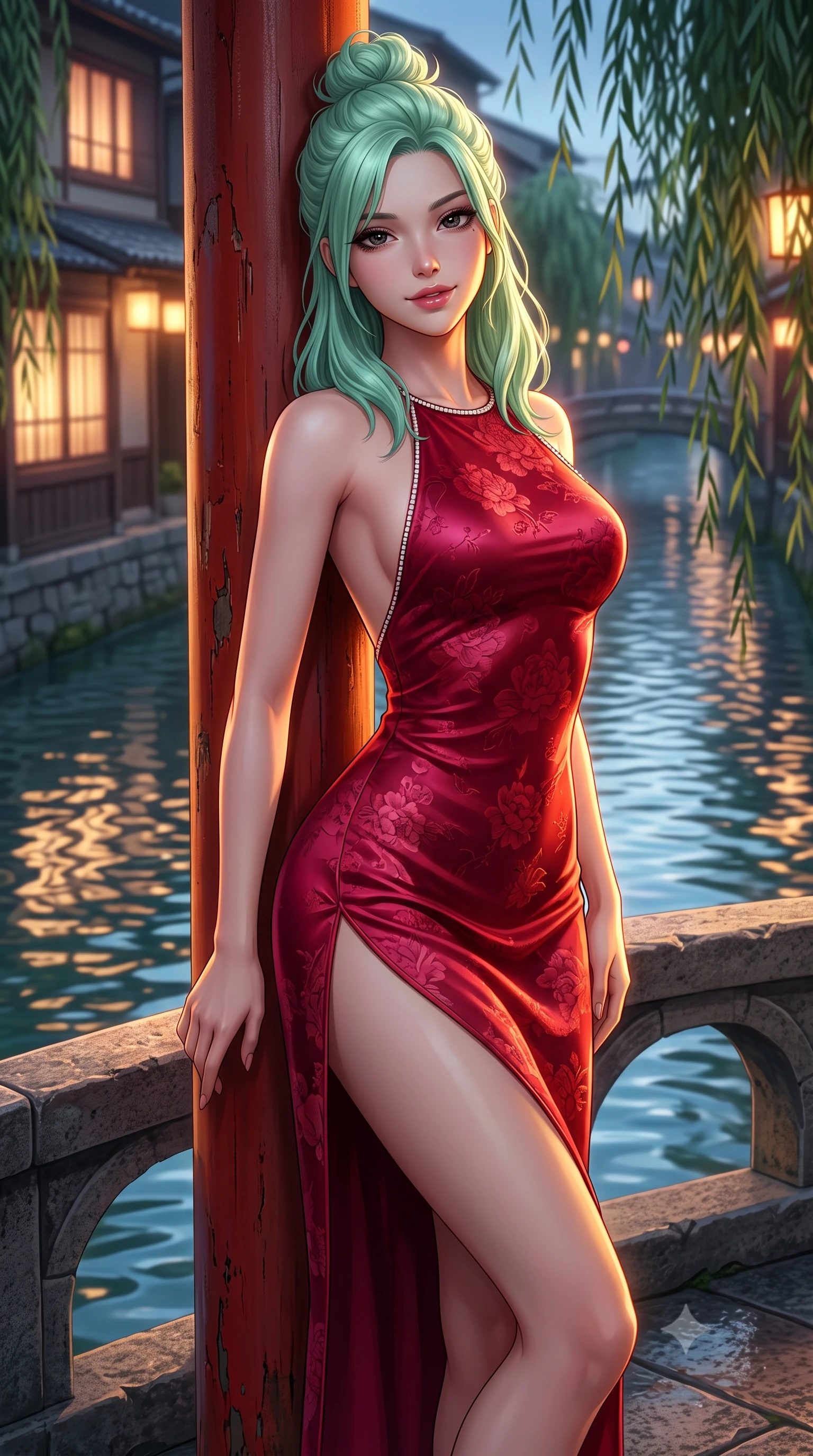 score_9, masterpiece, best quality, ultra-detailed, high-budget anime keyframe, semi-realistic 3D game render, editorial fashion photography, tasteful artistic composition, Japanese woman. close-up cowboy shot from the waist and thighs up, the character dominates the composition, filling the frame with her large presence. leaning back against the red lacquer pillar with relaxed seductive grace, her flat midriff and narrow waist highlighted as warm lantern light traces her curves while standing poised on the ancient arched stone bridge above the clear canal water, arching her spine with sovereign geisha-inspired poise. The background shows a soft-focus rippling canal waters reflecting glowing windows and swaying willow branches softened in romantic Gion shallow focus. She has an exceptionally elegant, slender, and willowy female figure with an ultra-slim waist, flat toned midriff, narrow ribcage, and sculpted feminine hips creating an alluring, slim hourglass silhouette without bulk. sharp v-shaped jawline, high-bridge nose, intricate jewel-like dark sparkling almond eyes with depth, thick lashes, glossy parted lips with a natural rose-plum sheen, bright alluring and coquettish smile with bedroom-eyes, exuding both timeless oriental elegance and sovereign high-fashion allure, flawlessly proportioned anatomical accuracy, strict slender model proportions, natural body alignment, perfectly sculpted long slender limbs, ultra-slim waistline, clean dynamic posture without body distortion. wearing a backless crimson silk slip dress with oriental peony jacquard and a side hip slit ascending to the high waist in deep lotus magenta and matte midnight navy, tailored from smooth celadon raw silk with natural organic slub texture, finished with subtle crystal rhinestones tracing the elegant neckline, the form-fitting tailored bodice adhering flawlessly to her sculpted flat midriff and slender torso, emphasizing her long leg lines and perfectly proportioned willowy build. illuminated by rippling canal water reflections and sharp amber rim lighting sculpting her razor-sharp jawline, narrow waist, and curvy hips. highly saturated vibrant anime colors, detailed shading with soft gradients, rich glossy textures, high-contrast stereoscopic depth, volumetric dynamic lighting, master piece, 9:16 ratio