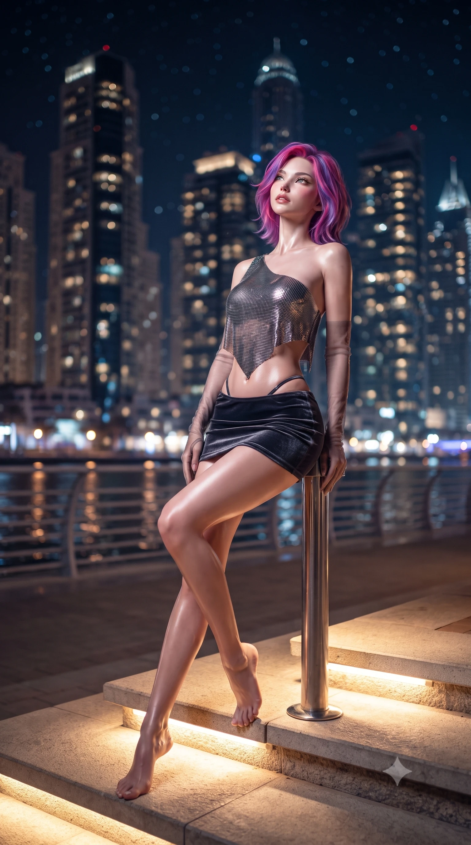 score_9, masterpiece, best quality, ultra-detailed, high-budget anime keyframe, editorial fashion photography, tasteful artistic composition, Caucasian woman. low angle full-body shot from head to toe showing her feet, filling the entire 9:16 vertical frame with her statuesque presence, stretching her vertical silhouette. sitting poised on the stone steps with one knee bent, arching her spine with supermodel elegance as she glances upward through thick eyelashes while leaning against the yacht mooring stanchion with hips cocked back, casting a smoldering bedroom-gaze toward the illuminated Dubai Marina skyline. The background shows a soft-focus towering illuminated skyscrapers of Dubai Marina reflecting on the water, luxury yachts cruising past, and starry night sky blurred into electric sapphire, emerald, and topaz bokeh. She has an exceptionally tall and slender model-like 8.5-heads proportion, an ultra-slim waist, a flat toned midriff, narrow delicate ribcage, and beautifully sculpted feminine hips creating a graceful, slim hourglass silhouette without any bulky heaviness, with impossibly long slender legs. sharp v-shaped jawline, high-bridge nose, intricate jewel-like sparkling eyes with depth, thick eyelashes, glossy parted lips with a natural peach sheen, bright cheerful beaming smile with an enchanting and coquettish sensual glint, exuding both youthful cute charm and seductive allure, flawlessly proportioned anatomical accuracy, strict slender model proportions, natural body alignment, perfectly sculpted long slender limbs, ultra-slim waistline, clean dynamic posture without body distortion. wearing an asymmetric one-shoulder metallic chainmail crop top paired with an ultra-low-rise velvet mini skirt in smoky charcoal noir and reflective metallic platinum, woven from stretch metallic lurex jersey casting radiant starlight glints across her curves, complemented by sheer opera-length evening gloves tracing her slender arms, the second-skin tailored fabric adhering flawlessly to her sculpted flat midriff and slender torso, emphasizing her long leg lines and perfectly proportioned willowy build. bathed in underwater pier LED illumination and warm landscape spotlights mixed with city ambient glow. ultra-reflective glossy finish, specular highlights, rich textural contrasts, high-contrast stereoscopic depth, volumetric dynamic lighting, 2k, ultra detail, master piece, 9:16 ratio