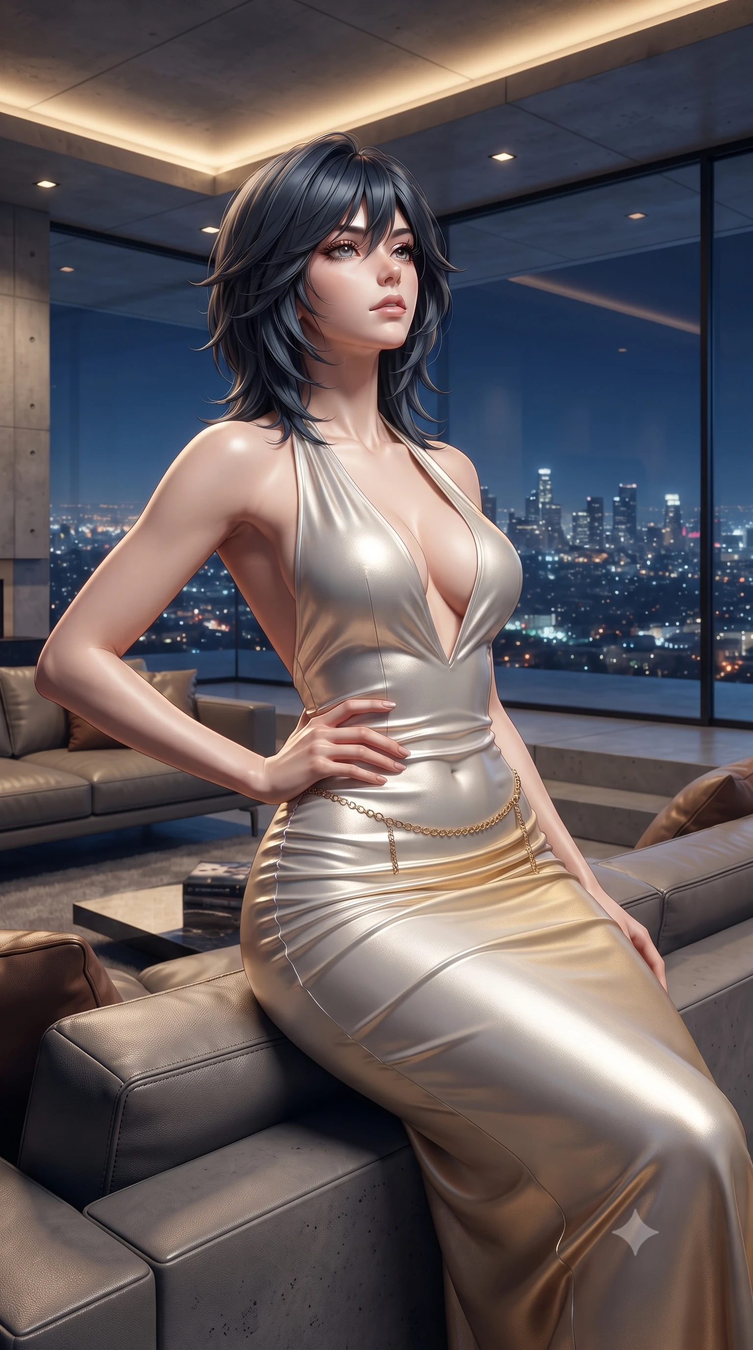 score_9, masterpiece, best quality, ultra-detailed, high-budget anime keyframe, editorial fashion photography, tasteful artistic composition, Caucasian woman. close-up cowboy shot from the waist and thighs up, the character dominates the composition, filling the frame with her large presence. tilting her chin up with proud, sovereign allure while gazing through thick eyelashes, one hand resting on her waist in pure supermodel charisma while lounging in the iconic angular concrete sunken living room, arching her back as the glittering Los Angeles city lights spread endlessly beyond frameless glass. The surrounding environment is rendered in vivid detail and crisp panoramic clarity. sharp architectural concrete board formwork seams, frameless glass wall edges, and leather upholstery stitching in deep focus. She has an exceptionally elegant, slender, and willowy female figure with an ultra-slim waist, flat toned midriff, narrow ribcage, and sculpted feminine hips creating an alluring, slim hourglass silhouette without bulk. sharp v-shaped jawline, high-bridge nose, intricate jewel-like eyes with depth, thick eyelashes, glossy parted lips with a natural sheen, intensely captivating and seductive bedroom-eyes expression, flawlessly proportioned anatomical accuracy, strict slender model proportions, natural body alignment, perfectly sculpted long slender limbs, ultra-slim waistline, clean dynamic posture without body distortion. wearing a plunging halter-neck metallic lamé column dress with a dramatic bare spine and hip-defining ruching in pure alabaster white and sun-kissed gold, tailored from ultra-smooth duchess satin with a pearlescent sheen, accented with a delicate gold chain belt resting loosely on her curvy hips, the form-contouring material adhering flawlessly to her sculpted flat midriff and slender torso, emphasizing her long leg lines and perfectly proportioned willowy build. bathed in warm recessed architectural cove lighting contrasting with cool blue night city ambient skylight. ultra-reflective glossy finish, specular highlights, rich textural contrasts, high-contrast stereoscopic depth, volumetric dynamic lighting, 2k, ultra detail, master piece, 9:16 ratio