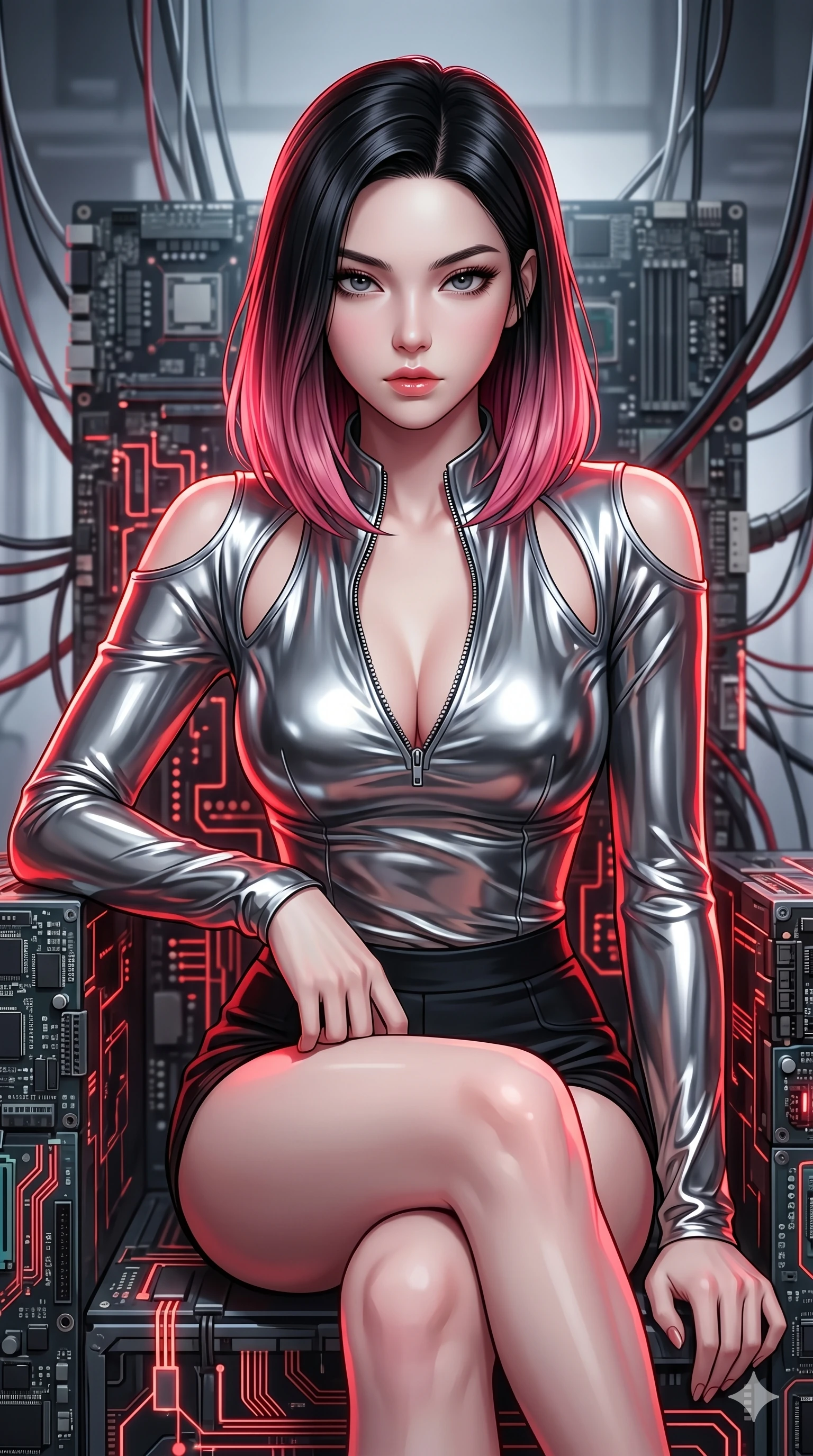 score_9, masterpiece, best quality, ultra-detailed, high-budget anime keyframe, editorial fashion photography, tasteful artistic composition, Korean woman. Upper body close-up from the thighs up, character filling the screen for maximum presence. She is seated dynamically on a throne of calcified logic boards and glowing red circuits. She leans forward with a dangerous, enticing smolder, resting one elbow on her knee. She has an absolutely perfect 8-heads proportion, an exceptionally tall and slender female figure with impossibly long slender legs and an ultra-slim waist. V-shaped jawline, high-bridge nose, intricate jewel-like eyes with depth, thick eyelashes, glossy lips with a natural sheen. She is wearing a form-fitting top made of molten liquid-mercury fabric that clings to her curves, with strategic tear-drop shoulder cutouts and a dangerously unzipped front collar. The scene is bathed in bright white studio flash light and sharp crimson rim lighting outlining her silhouette. 2k, ultra detail, master piece, 9:16 ratio