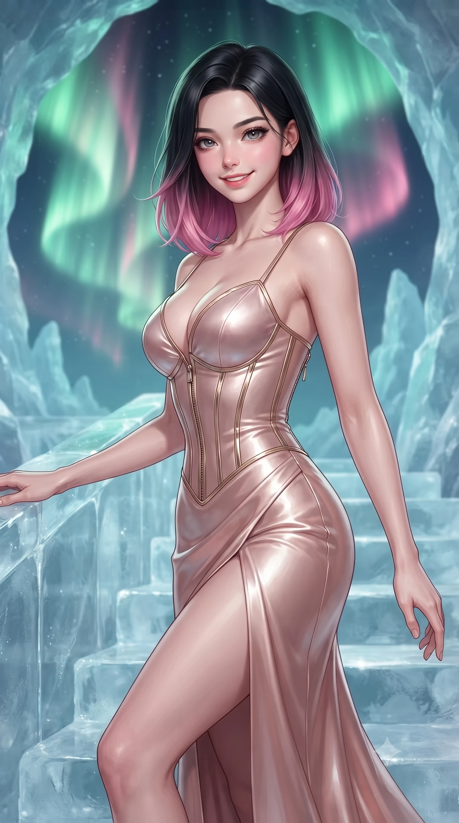 score_9, masterpiece, best quality, ultra-detailed, high-budget anime keyframe, editorial fashion photography, tasteful artistic composition, Korean woman. close-up cowboy shot from the waist and thighs up, the character dominates the composition, filling the frame with her large presence, background elements kept in soft focus. Smiling with quiet, magnetic self-assurance directly into the camera, ascending a translucent ice staircase beneath a swirling curtain of green and pink aurora rays, shifting aurora colors wrapping around her statuesque vertical silhouette. She has an exceptionally elegant, slender, and willowy female figure with an ultra-slim waist, a gracefully sculpted slender torso, and a refined silhouette. sharp v-shaped jawline, high-bridge nose, intricate jewel-like eyes with depth, thick eyelashes, glossy lips with a natural sheen. wearing low-cut structured bodice gown in liquid pearl with high leg slit in rose-gold pink, made of soft rose-gold satin, finished with metallic gold boning and sleek zipper points, accentuating her gracefully sculpted slender torso. lit by intense aurora key light cutting through clear translucent ice. ultra-reflective glossy finish, specular highlights, metallic sheen, high-contrast stereoscopic depth, volumetric dynamic lighting, 2k, ultra detail, master piece, 9:16 ratio