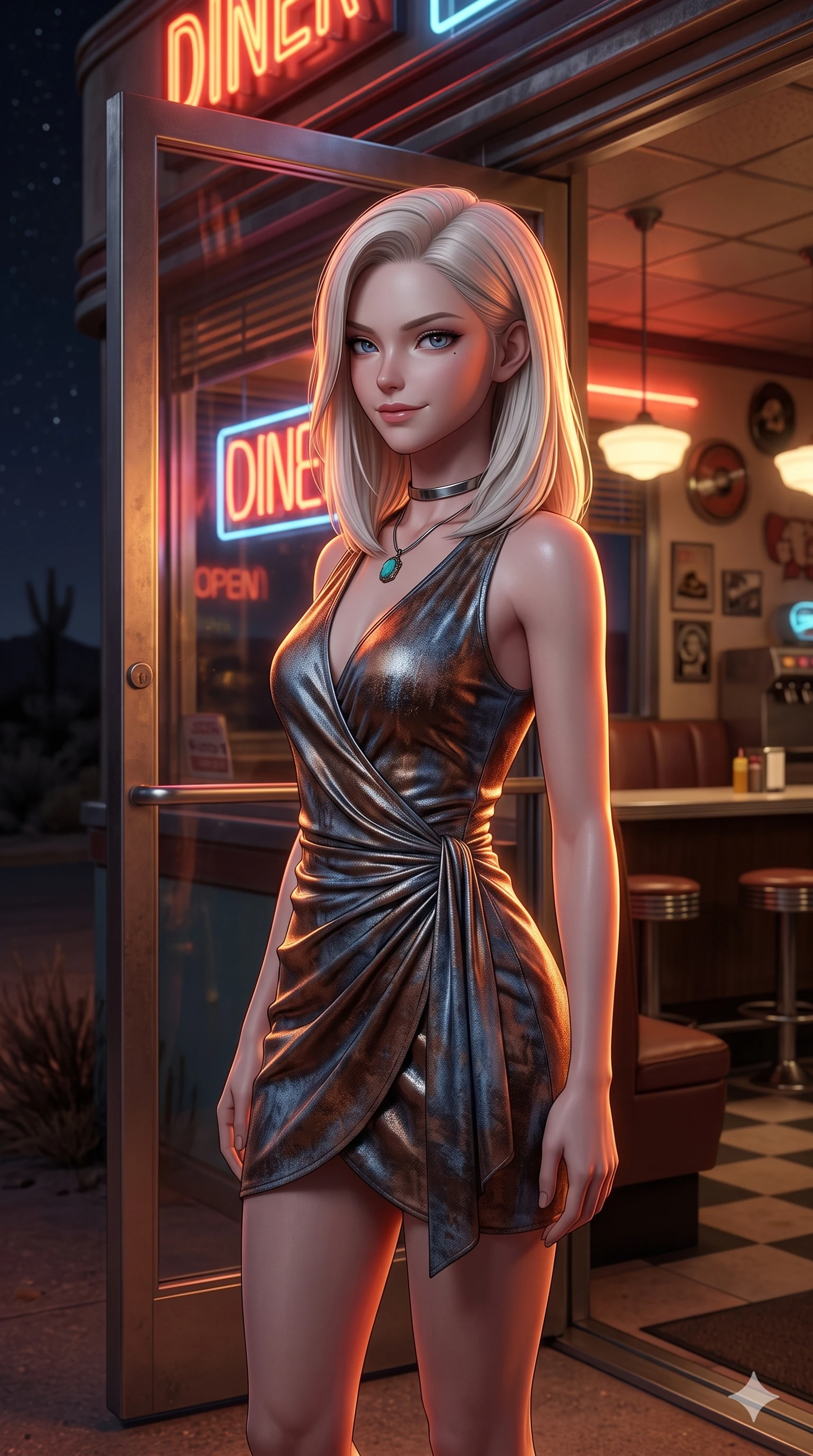 score_9, masterpiece, best quality, ultra-detailed, high-budget anime keyframe, semi-realistic 3D game render, editorial fashion photography, tasteful artistic composition, Caucasian woman. close-up cowboy shot from the waist and thighs up, the character dominates the composition, filling the frame with her large presence. tilting her head with a teasing half-smile, running one hand slowly down the side of her hip in a flirtatious S-curve as ambient light caresses her silhouette while standing poised at the diner entrance glass door, looking back over her shoulder with an irresistible smoldering gaze as desert night presses against the glass. The background shows a soft-focus nostalgic late-night desert diner atmosphere softened in retro diner shallow focus. She has an exceptionally elegant, slender, and willowy female figure with an ultra-slim waist, flat toned midriff, narrow ribcage, and sculpted feminine hips creating an alluring, slim hourglass silhouette without bulk. sharp v-shaped jawline, high-bridge nose, sparkling eyes with hypnotic seductive depth, thick curled eyelashes, glossy parted lips with a natural dewy peach sheen, alluring bedroom-eyes with an enchanting coquettish smile, exuding magnetic siren charisma and sophisticated glamour, flawlessly proportioned anatomical accuracy, strict slender model proportions, natural body alignment, perfectly sculpted long slender limbs, ultra-slim waistline, clean dynamic posture without body distortion. wearing a liquid metallic lamé one-piece swim dress clinging like a second skin with hip-high side cutouts in distressed whiskey leather brown and sun-bleached denim blue, crafted from stretch micro-mesh with metallic foil coating that shimmers in the desert sun, finished with a minimalist chrome choker and a single turquoise stone pendant, the high-slit wrap tailoring accentuating her ultra-slim waistline and the enchanting curve of her feminine hips with alluring seductive charm. illuminated by Formica tabletop bounce and sharp crimson-amber rim lights sculpting her razor-sharp jawline, narrow waist, and curvy hips. highly saturated vibrant anime colors, detailed shading with soft gradients, rich glossy textures, high-contrast stereoscopic depth, volumetric dynamic lighting, master piece, 9:16 ratio
