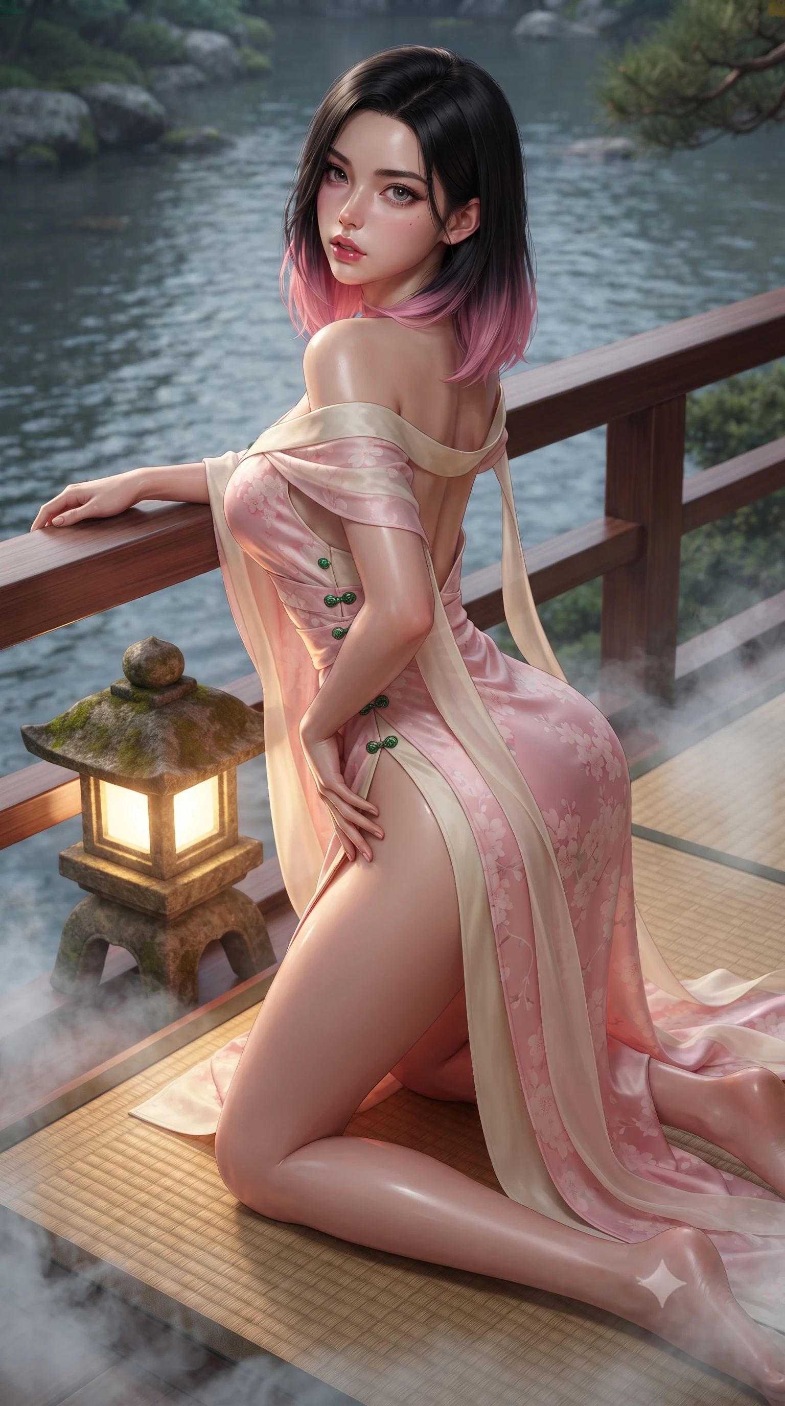 score_9, masterpiece, best quality, ultra-detailed, high-budget anime keyframe, editorial fashion photography, tasteful artistic composition, Korean woman. close-up cowboy shot from the waist and thighs up, the character dominates the composition, filling the frame with her large presence. leaning forward against the polished railing with her hips cocked back, creating an intoxicating curve from her narrow waist to sculpted hips as she gazes back into the lens while kneeling gracefully on the warm tatami deck beside a glowing stone lantern, one hand resting on her bare hip as cool river mist curls around her. The surrounding environment is rendered in vivid detail and crisp panoramic clarity. detailed silk kimono weave, stone lantern moss textures, and river water ripples in high resolution. She has an exceptionally elegant, slender, and willowy female figure with an ultra-slim waist, a gracefully sculpted slender torso, toned flat midriff, and rounded feminine hips creating an alluring hourglass silhouette. sharp v-shaped jawline, high-bridge nose, intricate jewel-like eyes with depth, thick eyelashes, glossy parted lips with a natural sheen, intensely captivating and seductive bedroom-eyes expression, flawlessly proportioned anatomical accuracy, strict slender model proportions, natural body alignment, perfectly sculpted long slender limbs, ultra-slim waistline, clean dynamic posture without body distortion. wearing a backless off-shoulder silk kimono gown with fluttering drapes and an ultra-high side slit in sakura blossom pink and warm ivory, tailored from crisp ceremonial cotton and multi-layered translucent chiffon, finished with genuine jade button closures and floating celestial silk ribbons, the second-skin form-contouring cut accentuating her sculpted flat midriff, narrow waistline, and dramatically curvy hips without adding bulk. surrounded by a tranquil, poetic, and deeply sensual Japanese ryokan muse aura. ultra-reflective glossy finish, specular highlights, rich textural contrasts, high-contrast stereoscopic depth, volumetric dynamic lighting, 2k, ultra detail, master piece, 9:16 ratio