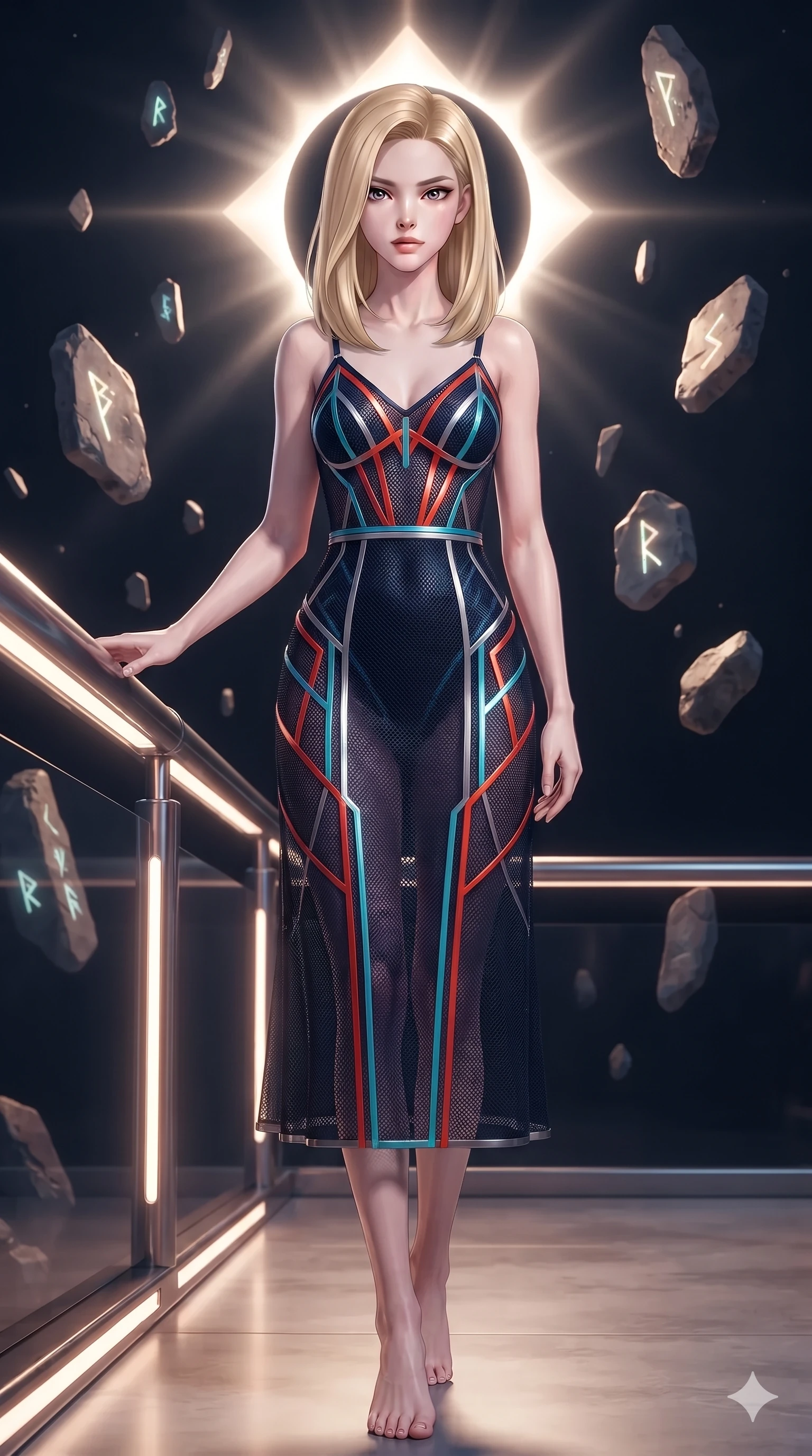 score_9, masterpiece, best quality, ultra-detailed, high-budget anime keyframe, editorial fashion photography, tasteful artistic composition, Korean woman. low angle full-body shot from head to toe showing her feet, filling the entire 9:16 vertical frame with her statuesque presence, stretching her vertical silhouette. standing in a tall, confident posture with one hand on a glowing metal railing, stretching her statuesque body as she arches her lower back to emphasize her sculpted feminine hips and slender waist while twisting her slender torso in an alluring S-curve between floating stone fragments, diamond eclipse corona light tracing her flat midriff and hourglass curves. The surrounding environment is rendered in vivid detail and crisp panoramic clarity: sharp levitating stone facet edges, blinding specular glints along shard corners, and crisp eclipse corona ring details in deep focus. She has an absolutely perfect, statuesque 8.5-heads proportion, an exceptionally tall and slender model-like female figure with impossibly long slender legs, an ultra-slim waist, a flat toned midriff, narrow delicate ribcage, and beautifully sculpted feminine hips creating a graceful, slim hourglass silhouette without any bulky heaviness. sharp v-shaped jawline, high-bridge nose, intricate jewel-like sparkling eyes with depth, thick eyelashes, glossy parted lips with a natural sheen, bright confident smile with an enchanting and coquettish sensual glint, exuding both youthful magnetic charm and sovereign high-tech allure, flawlessly proportioned anatomical accuracy, strict slender model proportions, natural body alignment, perfectly sculpted long slender limbs, ultra-slim waistline, clean dynamic posture without body distortion. wearing a plunge-front sheer illusion technical mesh slip dress with liquid platinum ribbon stripes hugging her curves in cyber-shinto vermilion and laser turquoise, woven from buttery-soft stretch lambskin leather adhering to her body like a second skin, featuring fine criss-cross lace-up side ties revealing tantalizing glimpses of her hip curve, the impeccably tailored cut draping gracefully along her slender figure with aristocratic poise. illuminated by reflective shard bounces and intense silver-white rim lights carving her sculpted collarbones, ultra-slim waist, and curvy hips. ultra-reflective glossy finish, specular highlights, rich textural contrasts, high-contrast stereoscopic depth, volumetric dynamic lighting, 2k, ultra detail, master piece, 9:16 ratio