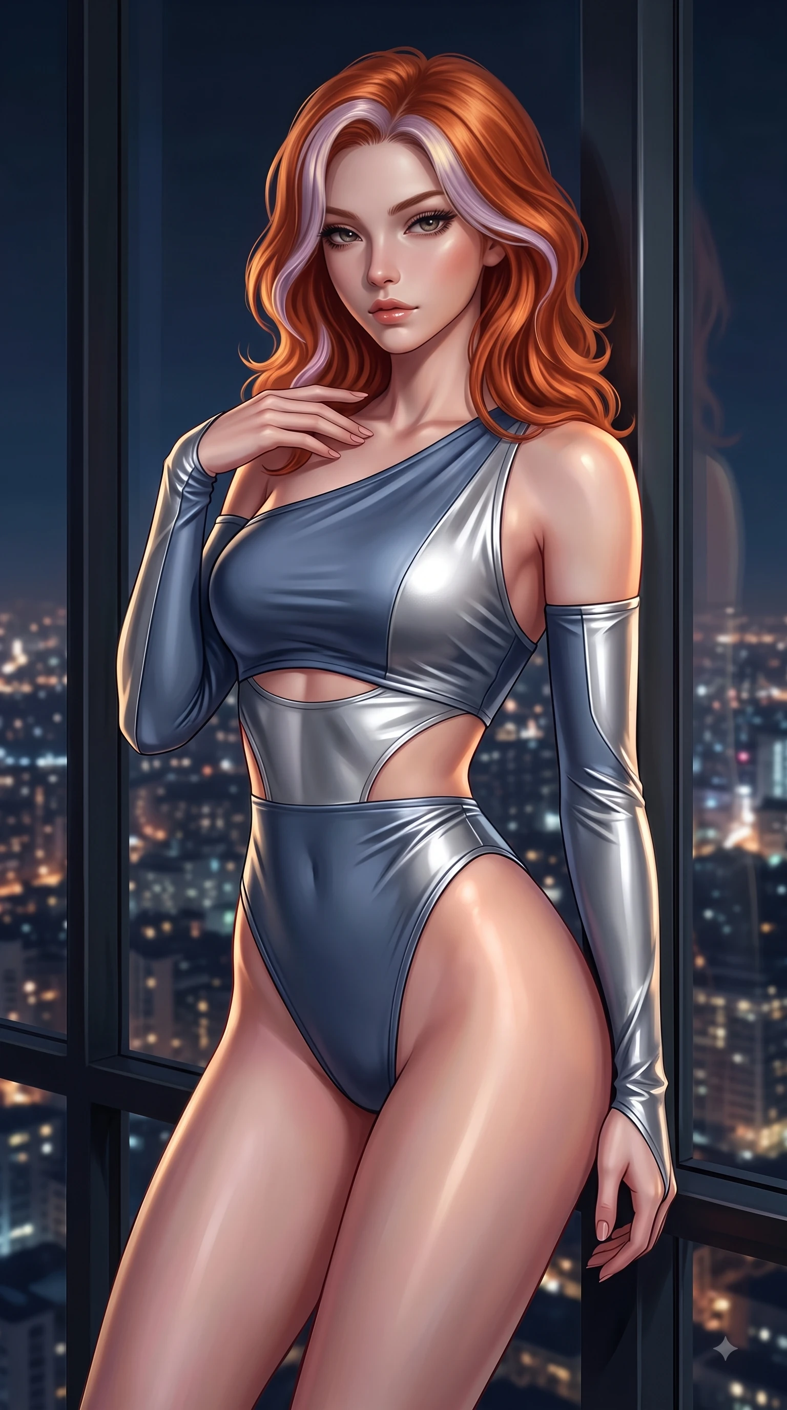 score_9, masterpiece, best quality, ultra-detailed, high-budget anime keyframe, editorial fashion photography, tasteful artistic composition, Caucasian woman. close-up cowboy shot from the waist and thighs up, the character dominates the composition, filling the frame with her large presence, background elements kept in soft focus. Pivoting her torso in an alluring S-curve alignment, one hand gently tracing her collarbone with poise while leaning against a panoramic glass window at midnight, her eyes casting a smoldering, magnetic gaze, glistening city lights twinkling softly through floor-to-ceiling glass in the background. She has an exceptionally elegant, slender, and willowy female figure with an ultra-slim waist, a gracefully sculpted slender torso, and a refined silhouette. sharp v-shaped jawline, high-bridge nose, intricate jewel-like eyes with depth, thick eyelashes, glossy lips with a natural sheen, flawlessly proportioned anatomical accuracy, natural body alignment, perfectly sculpted elegant limbs, clean dynamic posture without body distortion. wearing an asymmetrical high-cut tech-bodysuit with detached sleeves in slate blue and metallic silver, crafted from lustrous satin jersey with fluid draping, featuring subtle geometric cutouts that highlight her ultra-slim midriff, the tailored fabric tightly following every curve of her athletic build. bathed in warm luxury ambient lighting and soft silver moonlight tracing every curve. ultra-reflective glossy finish, specular highlights, metallic sheen, high-contrast stereoscopic depth, volumetric dynamic lighting, 2k, ultra detail, master piece, 9:16 ratio