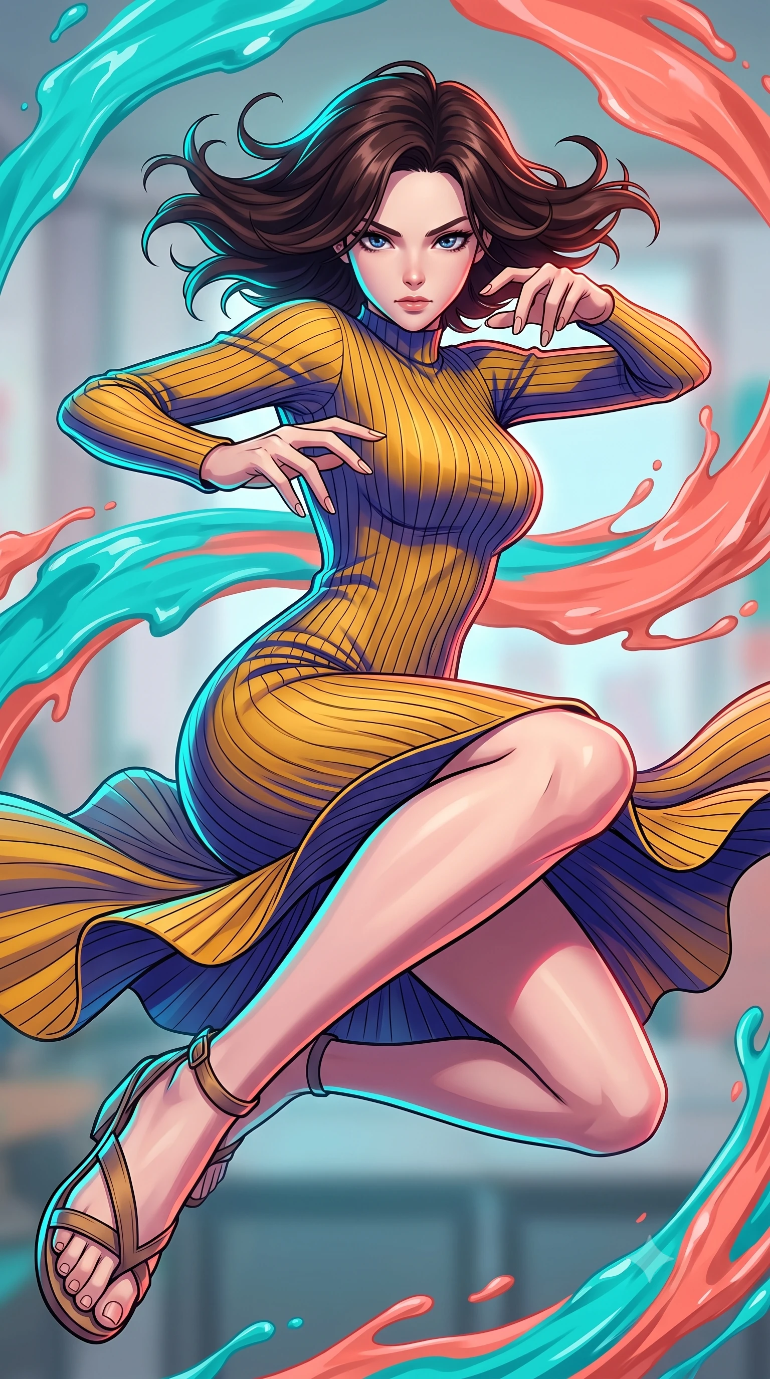 score_9, masterpiece, best quality, ultra-detailed, high-budget anime keyframe, clean line-art, cel-shading, Korean woman. close-up cowboy shot from the waist and thighs up, the character dominates the composition, filling the frame with her large presence, background elements kept in soft focus. Leaping into the camera's view with an aggressive, mid-action strike pose. set against a soft-focus background of a space where waves of thick, wet acrylic paint in turquoise and coral are sweeping across the air like fluid ribbons. She has an exceptionally elegant and slender, willowy female figure with an ultra-slim waist, a gracefully sculpted slender torso, and a refined slim physique. sharp v-shaped jawline, high-bridge nose, intricate jewel-like eyes with depth, thick eyelashes, glossy lips with a natural sheen. wearing the lightweight fabric rippling and billowing dramatically with her movement, a slim-fit body-hugging ribbed knit dress in a striking mustard yellow and indigo blue colorway, sculpting her slender proportions. brilliant cinematic volumetric lighting with intense neon rim light outlining her form. highly saturated vibrant anime colors, intense vivid color palette, volumetric dynamic lighting, 2k, ultra detail, master piece, 9:16 ratio