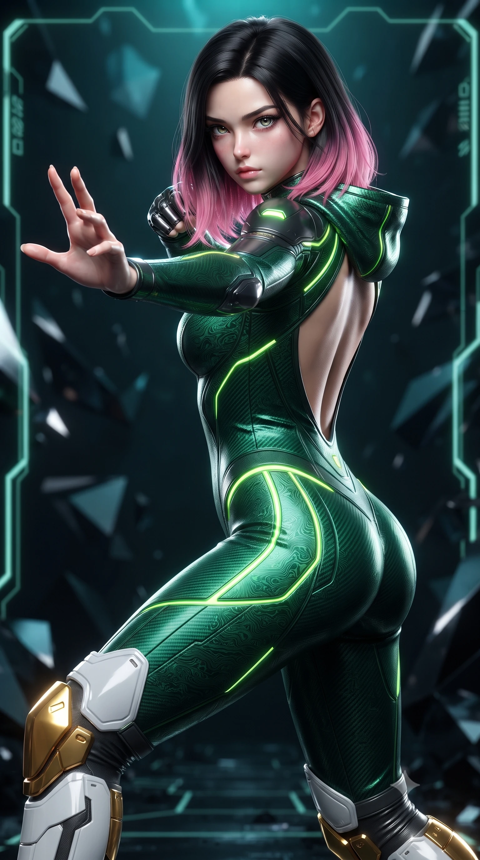 score_9, masterpiece, best quality, ultra-detailed, high-budget anime keyframe, editorial fashion photography, tasteful artistic composition, Korean woman. close-up cowboy shot from the waist and thighs up, the character dominates the composition, filling the frame with her large presence. in a razor-sharp Panzer Kunst fighting guard, one hand extended with palm open in fluid kinetic tension, captivating jewel-like eyes locked onto the viewer with dangerous focus while arching her spine in a fluid zero-gravity turn as golden energy waves pulse through the Damascus-pattern carbon weave of her suit. The surrounding environment is rendered in vivid detail and crisp panoramic clarity. sharp obsidian stone facet reflections, glowing rune line borders, and Damascus carbon weave texture in deep focus. She has an exceptionally elegant, slender, and willowy female figure with an ultra-slim waist, a gracefully sculpted slender torso, toned flat midriff, and a refined slim silhouette. sharp v-shaped jawline, high-bridge nose, intricate jewel-like eyes with depth, thick eyelashes, glossy lips with a natural sheen, flawlessly proportioned anatomical accuracy, strict slender model proportions, natural body alignment, perfectly sculpted long slender limbs, ultra-slim waistline, clean dynamic posture without body distortion. wearing a tailored emerald-green carbon-fiber tactical jumpsuit with glowing lime LED channels, open cowl back, and reinforced combat shin-guards in arctic white carbon composite with radiant solar gold plating, made of liquid carbon-jersey fabric adhering flawlessly to her sculpted silhouette, accented with glowing fiber-optic conduits tracing her collarbones and hip curves, the form-contouring material adhering flawlessly to her sculpted flat midriff and slender torso, emphasizing her long leg lines and perfectly proportioned willowy build. illuminated by crisp specular highlights tracing her sculpted flat midriff, bare spine, and slender limbs. ultra-reflective glossy finish, specular highlights, dark metallic sheen, high-contrast stereoscopic depth, volumetric dynamic lighting, 2k, ultra detail, master piece, 9:16 ratio