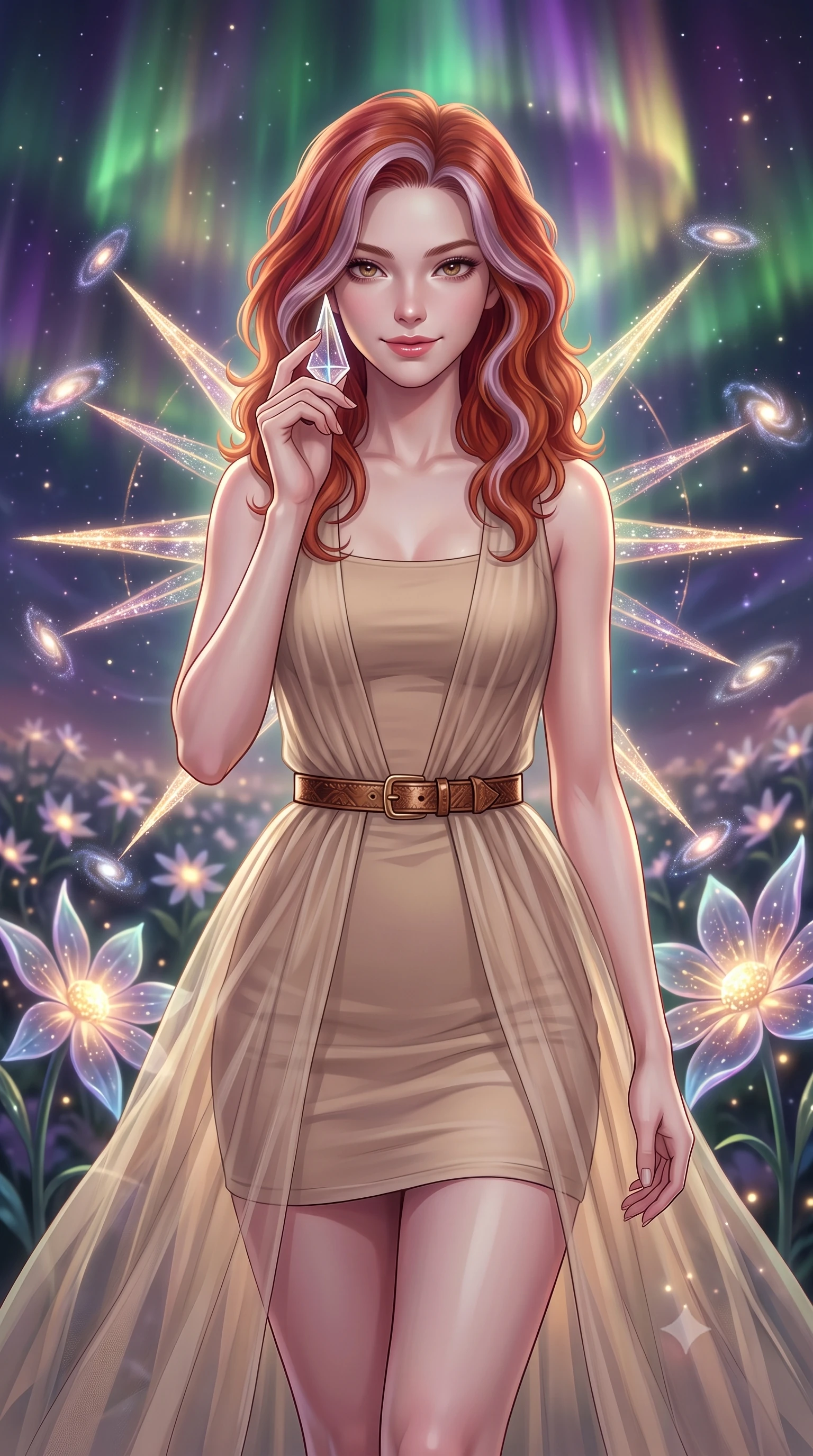 score_9, masterpiece, best quality, ultra-detailed, high-budget anime keyframe, editorial fashion photography, tasteful artistic composition, Caucasian woman, strictly human ears. close-up cowboy shot from the waist and thighs up, the character dominates the composition, filling the frame with her large presence, background elements kept in soft focus. Holding a delicate object up near her face while gazing at the viewer with a knowing smile. set against a soft-focus background of a cosmic garden where luminous flowers are arranged in enormous compass rose patterns each petal-arm pointing toward a different visible galaxy with stellar winds gently swaying the astral blooms. She has an exceptionally elegant and slender, willowy female figure with an ultra-slim waist, a gracefully sculpted slender torso, and a refined slim physique. sharp v-shaped jawline, high-bridge nose, intricate jewel-like eyes with depth, thick eyelashes, glossy lips with a natural sheen. wearing a transparent overlay skirt in beige tulle over a fitted matching mini dress, styled with a leather belt. illuminated by a shifting aurora palette of green violet and gold from above. 2k, ultra detail, master piece, 9:16 ratio