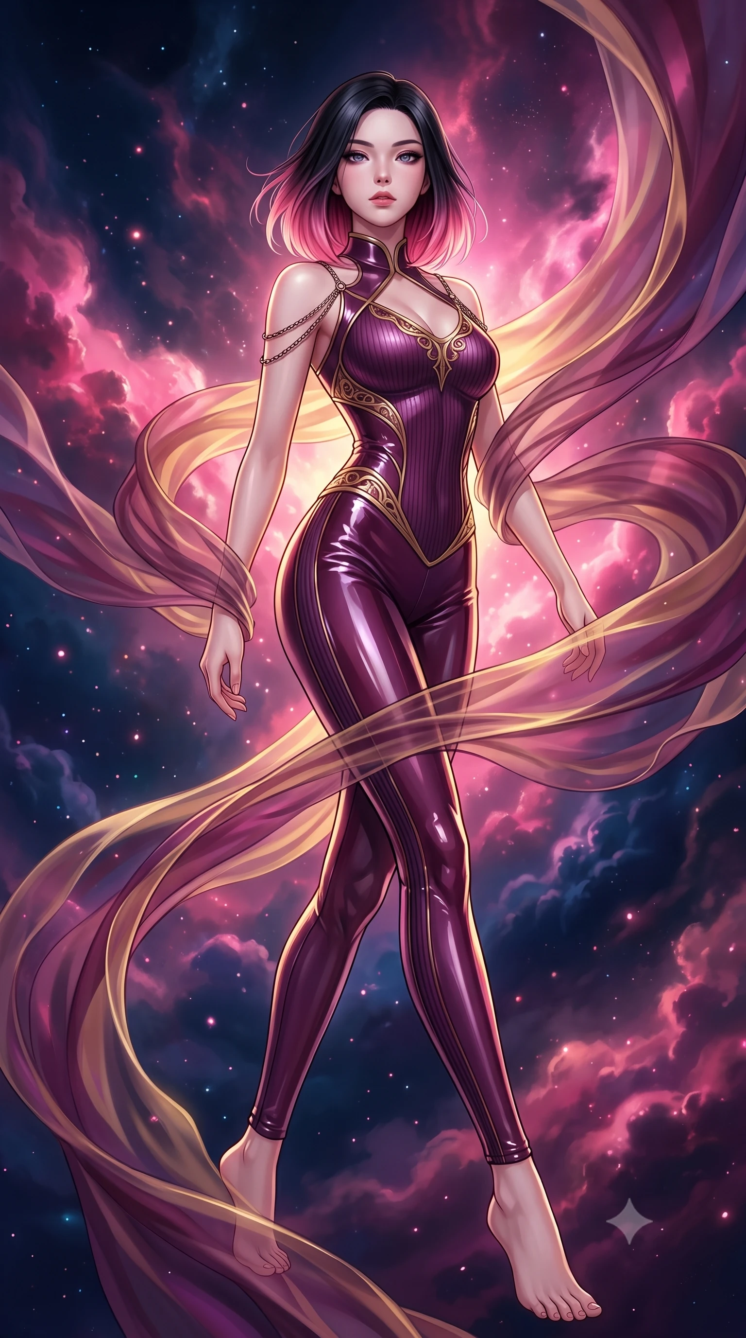 score_9, masterpiece, best quality, ultra-detailed, high-budget anime keyframe, editorial fashion photography, tasteful artistic composition, Korean woman. low angle full-body shot from head to toe showing her feet, filling the entire 9:16 vertical frame with her statuesque presence, stretching her vertical silhouette. stepping forward in a proud dynamic stride, her vertical silhouette filling the frame with statuesque presence while pivoting her body in a dynamic S-curve as cosmic nebula clouds swirl around her, translucent silk drapes swirling in a dynamic cosmic wind vortex. She has an absolutely perfect, statuesque 8.5-heads proportion, an exceptionally tall and slender model-like female figure with impossibly long slender legs and an ultra-slim waist. sharp v-shaped jawline, high-bridge nose, intricate jewel-like eyes with depth, thick eyelashes, glossy lips with a natural sheen, flawlessly proportioned anatomical accuracy, natural body alignment, perfectly sculpted elegant limbs, clean dynamic posture without body distortion. wearing a form-fitting ribbed activewear set with elegant collar cutouts in plum purple and gold filigree, tailored from high-gloss patent leather, adorned with delicate metallic chain straps along the neckline, the glove-like fit emphasizing her statuesque silhouette during motion. bathed in dramatic cosmic pink and navy nebula backlighting with gold key light. highly saturated vibrant anime colors, detailed shading with soft gradients, rich glossy textures, high-contrast stereoscopic depth, volumetric dynamic lighting, master piece, 9:16 ratio