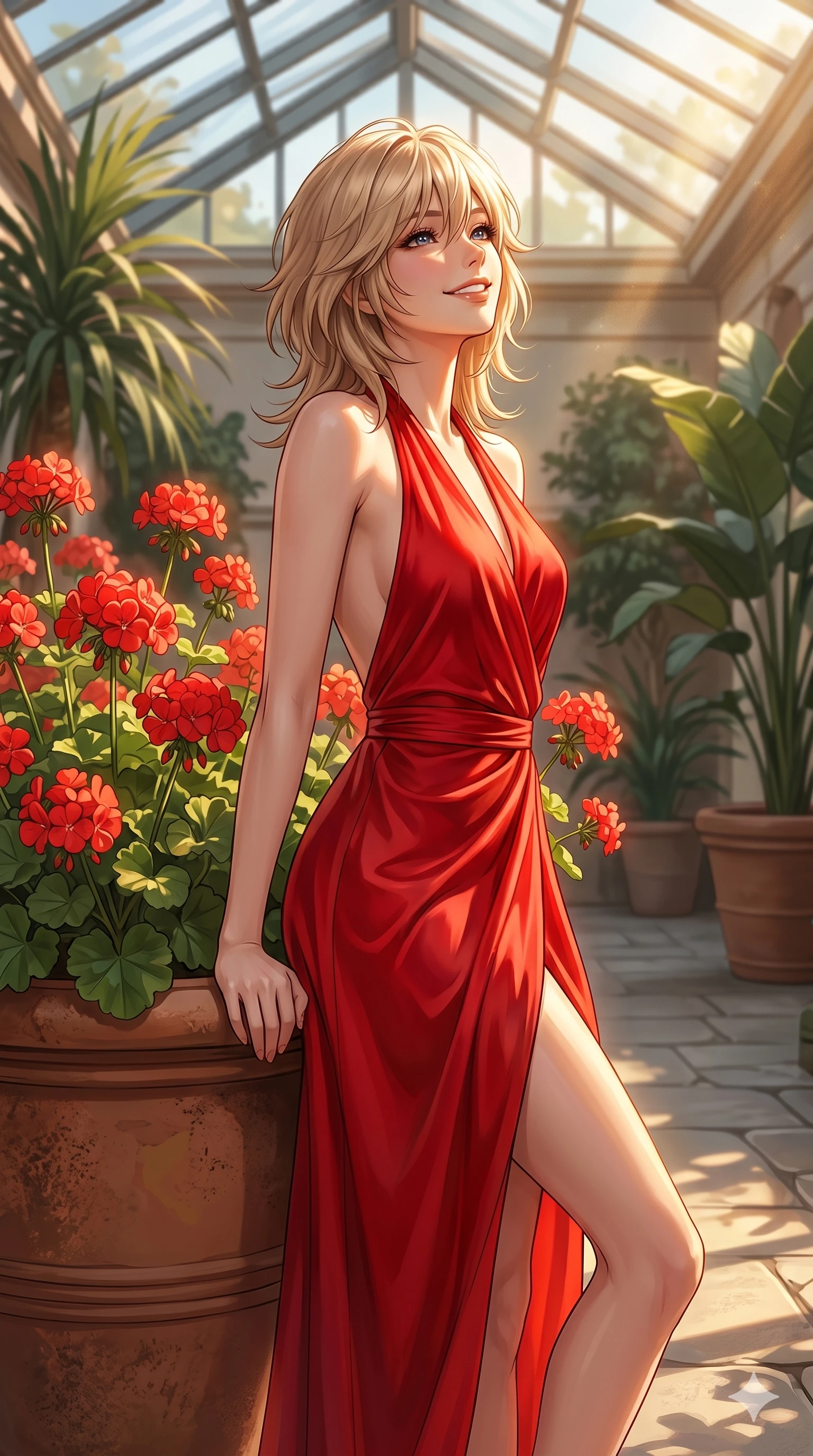 score_9, masterpiece, best quality, ultra-detailed, high-budget anime keyframe, editorial fashion photography, tasteful artistic composition, Japanese woman. cowboy shot from the thighs up, character and outfit filling the frame for maximum editorial presence. turning her face to the light with a happy, beaming smile, her expression full of warmth leaning against a large terracotta pot filled with blooming red geraniums in a sunlit atrium. She has an absolutely perfect 8-heads proportion, an exceptionally tall and slender female figure with impossibly long slender legs and an ultra-slim waist. V-shaped jawline, high-bridge nose, intricate jewel-like eyes with depth, thick eyelashes, glossy lips with a natural sheen. wearing a vibrant red wrap dress with a graceful halter neckline and an open-back design. bathed in warm, golden sunbeams that illuminate the rich colors of the flowers and her dress. 2k, ultra detail, master piece, 9:16 ratio