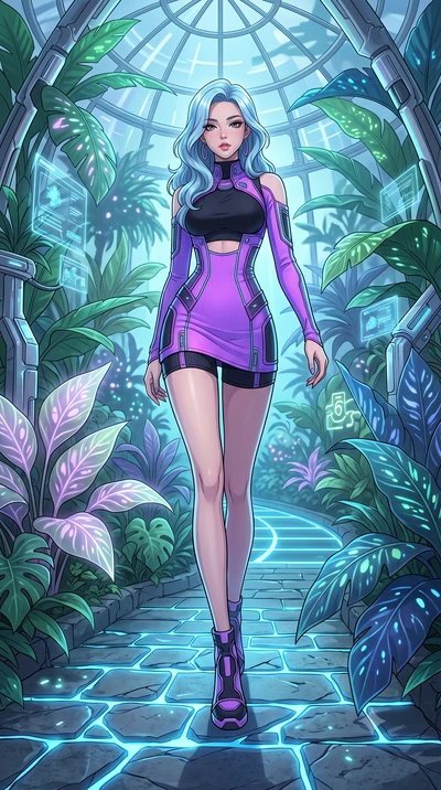 score_9, masterpiece, best quality, ultra-detailed, High-budget Anime Keyframe, East Asian woman. Dynamic full-body shot stretching the vertical silhouette to the limit. Scenario 500: stepping across glowing azure stones in a cybernetic greenhouse fi