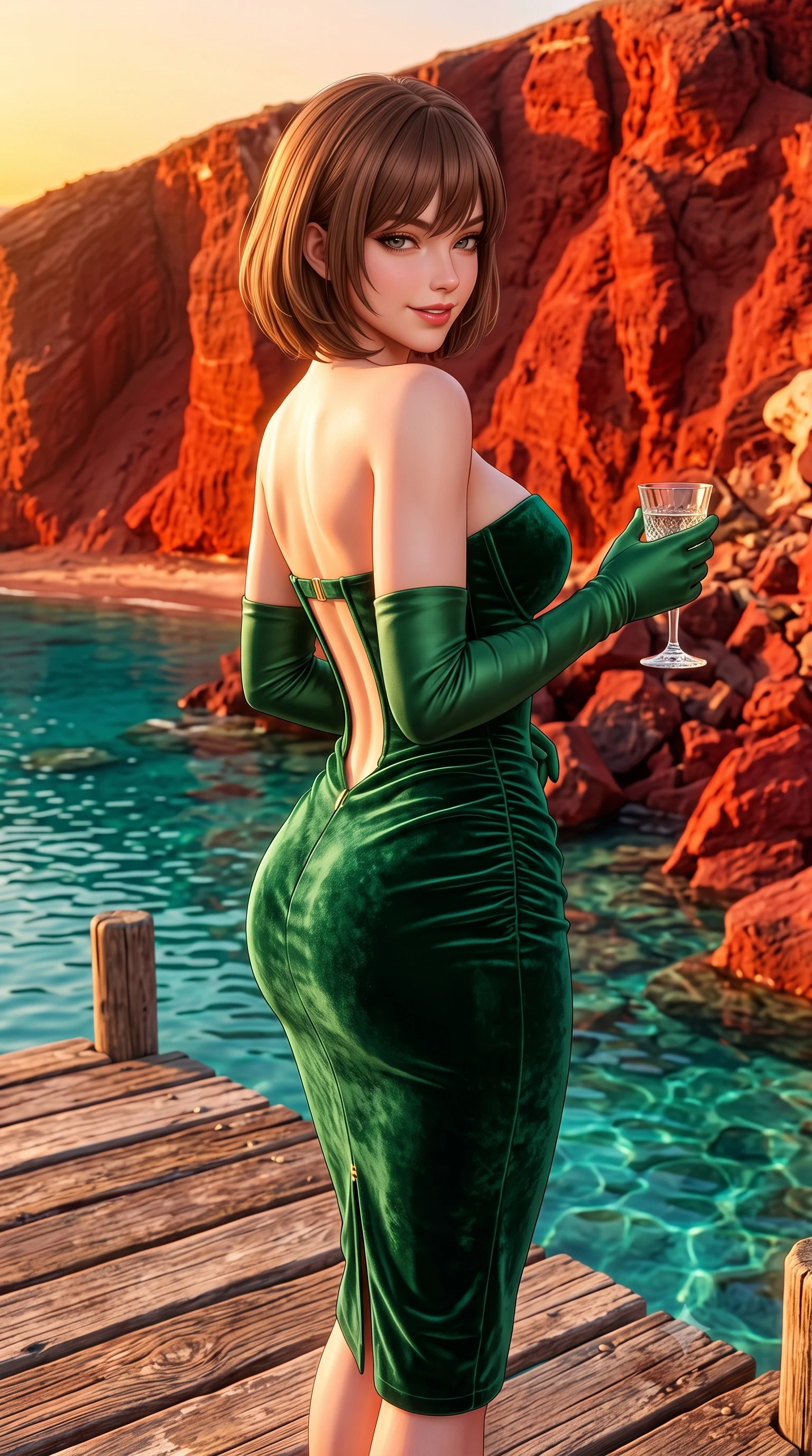score_9, masterpiece, best quality, ultra-detailed, high-budget anime keyframe, semi-realistic 3D game render, editorial fashion photography, tasteful artistic composition, Caucasian woman. close-up cowboy shot from the waist and thighs up, the character dominates the composition, filling the frame with her large presence. turning over a bare shoulder with an intoxicating, teasing smile, her soft hair framing her sharp jawline as her hips angle gracefully while perching on the rustic wooden dock beside clear turquoise cove waters, arching her back as towering red volcanic cliffs glow in the setting sun. The surrounding environment is rendered in vivid detail and crisp panoramic clarity. sharp volcanic red stone cliff textures, rustic wooden dock planks, and clear Aegean water caustics in deep focus. She has an exceptionally elegant, slender, and willowy female figure with an ultra-slim waist, flat toned midriff, narrow ribcage, and sculpted feminine hips creating an alluring, slim hourglass silhouette without bulk. sharp v-shaped jawline, high-bridge nose, intricate jewel-like eyes with depth, thick eyelashes, glossy parted lips with a natural sheen, intensely captivating and seductive bedroom-eyes expression, flawlessly proportioned anatomical accuracy, strict slender model proportions, natural body alignment, perfectly sculpted long slender limbs, ultra-slim waistline, clean dynamic posture without body distortion. wearing an ultra-fitted strapless bustier midi dress with side hip ruching and exposed spine in deep emerald green satin and gold hardware, crafted from heavyweight crushed silk velvet with liquid vintage luster, accessorized with opera-length satin gloves and a vintage crystal glass, the form-contouring material adhering flawlessly to her sculpted flat midriff and slender torso, emphasizing her long leg lines and perfectly proportioned willowy build. bathed in intense golden hour Aegean sunset glow reflecting off deep red volcanic rocks. highly saturated vibrant anime colors, detailed shading with soft gradients, rich glossy textures, high-contrast stereoscopic depth, volumetric dynamic lighting, master piece, 9:16 ratio