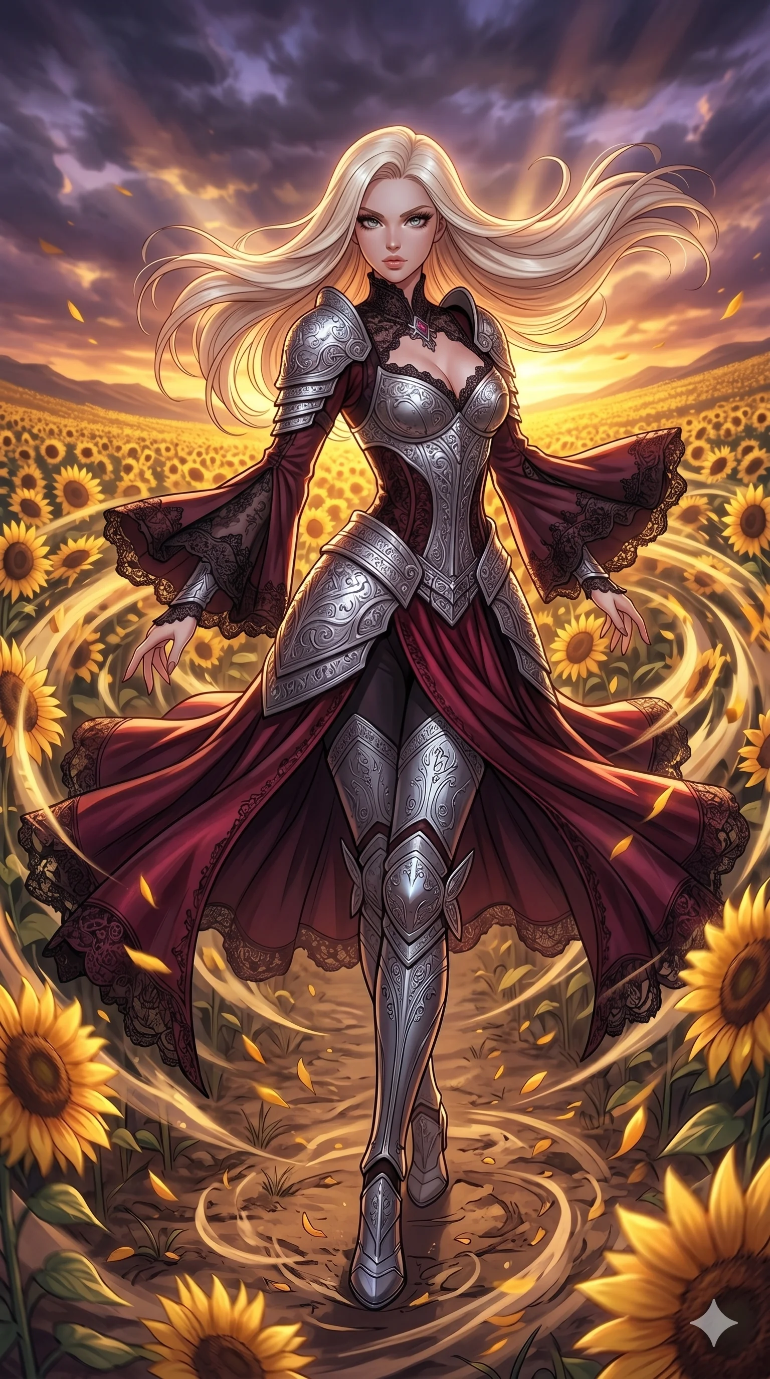 score_9, masterpiece, best quality, ultra-detailed, high-budget anime movie keyframe, cinematic anime lighting, intricate line art, Caucasian (strictly human ears) anime girl. Dynamic full-body shot stretching the vertical silhouette with extreme perspective. spinning in a field of sunflowers that all sway in time with her. She has an absolutely perfect 8-heads proportion, an exceptionally tall and slender female figure with an ultra-slim waist and impossibly long slender legs. strictly human anatomy, two legs only, no extra limbs, clearly defined legs and arms, perfect anatomy, perfect hands and fingers. sharp v-shaped jawline, high-bridge nose, intricate jewel-like eyes, thick eyelashes, glossy lips. Wearing Dark Fantasy: Gothic lace corset gown, bell-sleeved sorceress robes, and engraved silver plate armor over silk. The scene is illuminated by dramatic atmospheric lighting and vibrant color palettes. , 2k, ultra detail, master piece, 9:16 ratio