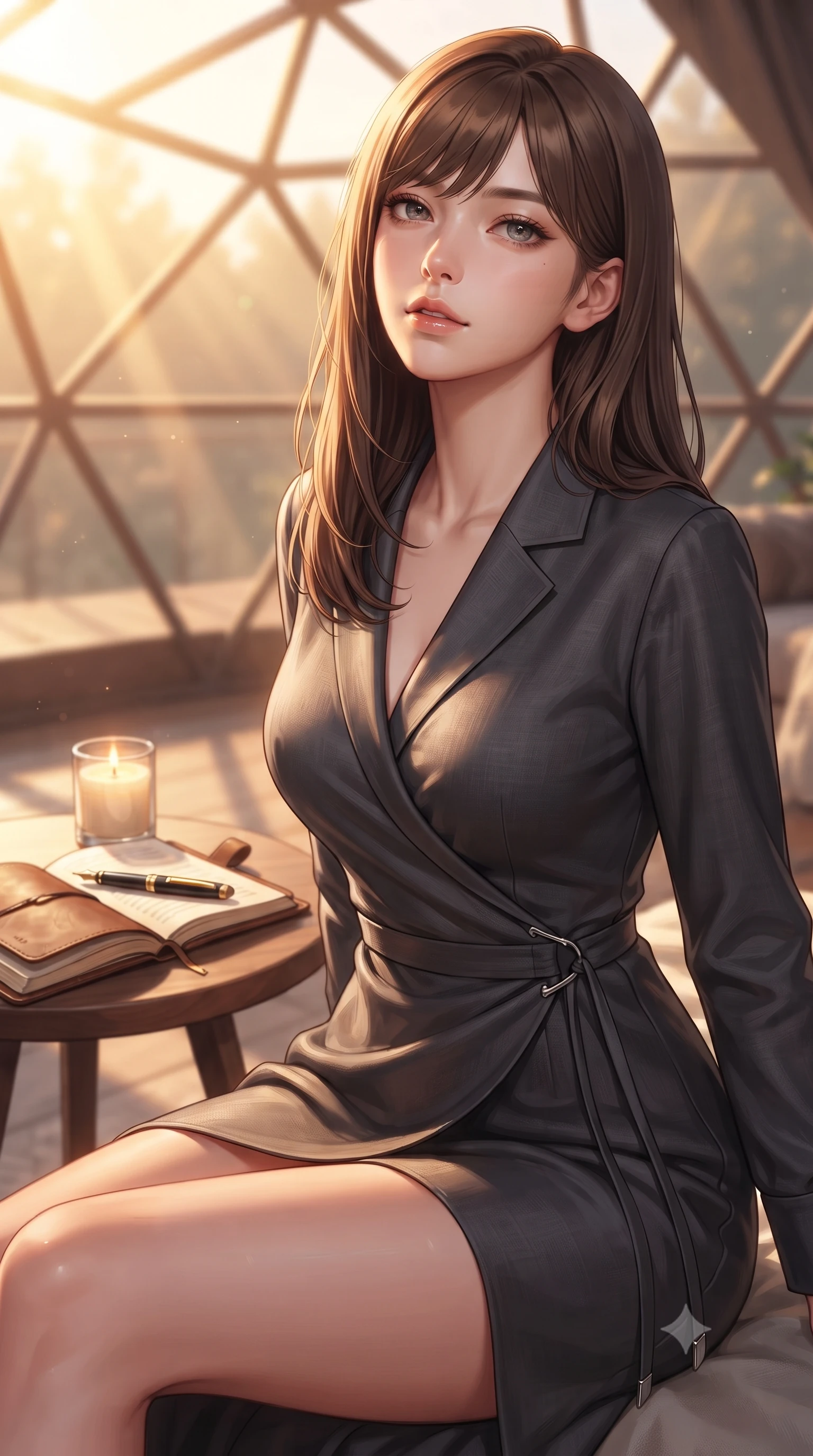 score_9, masterpiece, best quality, ultra-detailed, high-budget anime keyframe, editorial fashion photography, tasteful artistic composition, Korean woman. close-up cowboy shot from the waist and thighs up, the character dominates the composition, filling the frame with her large presence, background elements kept in soft focus. tilting her chin up with a composed yet deeply enticing gaze, her eyes sparkling under the warm lighting set against a soft-focus background of inside an exclusive geodesic dome with an open leather journal and a gold fountain pen sitting next to a candle. She has an exceptionally elegant, slender, and willowy female figure with an ultra-slim waist, a gracefully sculpted slender torso, and a refined silhouette. sharp v-shaped jawline, high-bridge nose, intricate jewel-like eyes with depth, thick eyelashes, glossy lips with a natural sheen. wearing slim-fit charcoal soft linen sleek long-sleeve silk wrap dress contouring her ultra-slim waist elegantly accented with delicate silver hardware. bathed in warm golden hour sunbeams that cast long, romantic shadows across the floor. highly saturated vibrant anime colors, detailed shading with soft gradients, rich glossy textures, high-contrast stereoscopic depth, volumetric dynamic lighting, master piece, 9:16 ratio