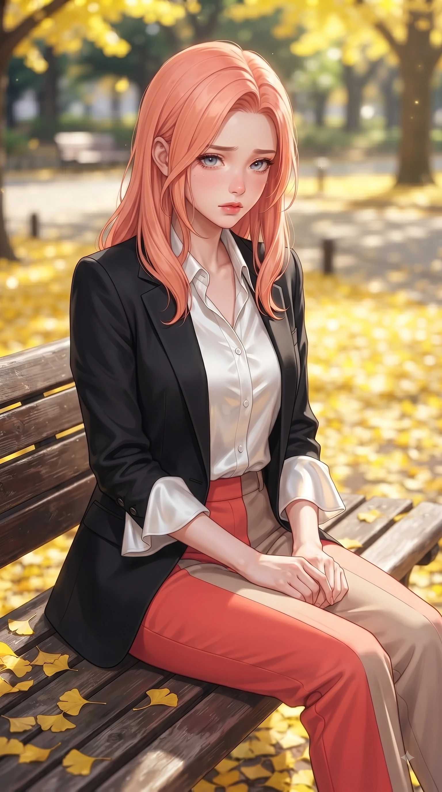score_9, masterpiece, best quality, ultra-detailed, high-budget anime keyframe, editorial fashion photography, tasteful artistic composition, Japanese woman. close-up cowboy shot from the waist and thighs up, the character dominates the composition, filling the frame with her large presence. Heart-tugging melancholic glance with a subtle drop of emotion in her eyes and a quiet wistful posture while sitting on a classic park bench surrounded by a carpet of bright yellow fallen leaves. The composition keeps background elements in soft focus with dreamy bokeh. fluttering autumn leaves and sunlit park pathways softened in dreamy shallow depth. She has an exceptionally elegant, slender, and willowy female figure with an ultra-slim waist, a gracefully sculpted slender torso, and a refined silhouette. sharp v-shaped jawline, high-bridge nose, intricate jewel-like eyes with depth, thick eyelashes, glossy lips with a natural sheen, flawlessly proportioned anatomical accuracy, natural body alignment, perfectly sculpted elegant limbs, clean dynamic posture without body distortion. wearing a sleek jet black tailored blazer over a crisp white button-down and trousers in vibrant coral red and soft beige, crafted from smooth liquid silk satin, featuring elegant flutter sleeves and a graceful square neckline, the fluid drape swaying gracefully with her dynamic editorial movement. illuminated by bright glowing yellow ambient light and clear sky refractions. ultra-reflective glossy finish, specular highlights, metallic sheen, high-contrast stereoscopic depth, volumetric dynamic lighting, 2k, ultra detail, master piece, 9:16 ratio