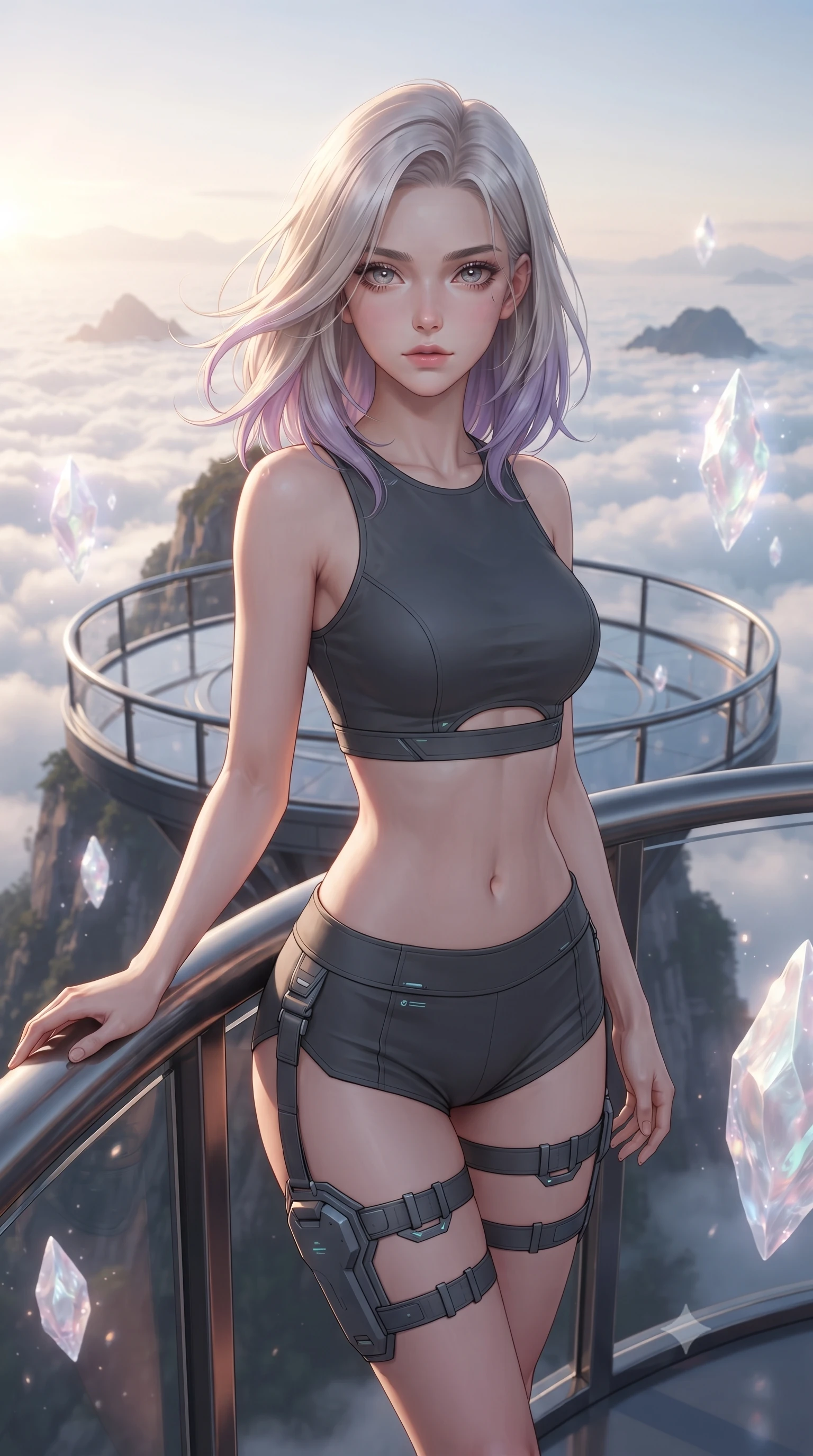 score_9, masterpiece, best quality, ultra-detailed, high-budget anime keyframe, editorial fashion photography, tasteful artistic composition, Caucasian woman, strictly human ears. close-up cowboy shot from the waist and thighs up, the character dominates the composition, filling the frame with her large presence, background elements kept in soft focus. Resting one arm elegantly against a surface with a poised relaxed stance. set against a soft-focus background of an open circular observation platform jutting out from a mountain peak above the cloud layer at sunrise with the vast white cloud sea stretching to every horizon and distant peaks emerging like islands. She has an exceptionally elegant and slender, willowy female figure with an ultra-slim waist, a gracefully sculpted slender torso, and a refined slim physique. sharp v-shaped jawline, high-bridge nose, intricate jewel-like eyes with depth, thick eyelashes, glossy lips with a natural sheen. wearing a cyber-tactical crop top in dark grey with a subtle waist cutout, paired with matching high-cut shorts and thigh straps. ethereal pearlescent light emanating from floating crystalline formations all around. 2k, ultra detail, master piece, 9:16 ratio