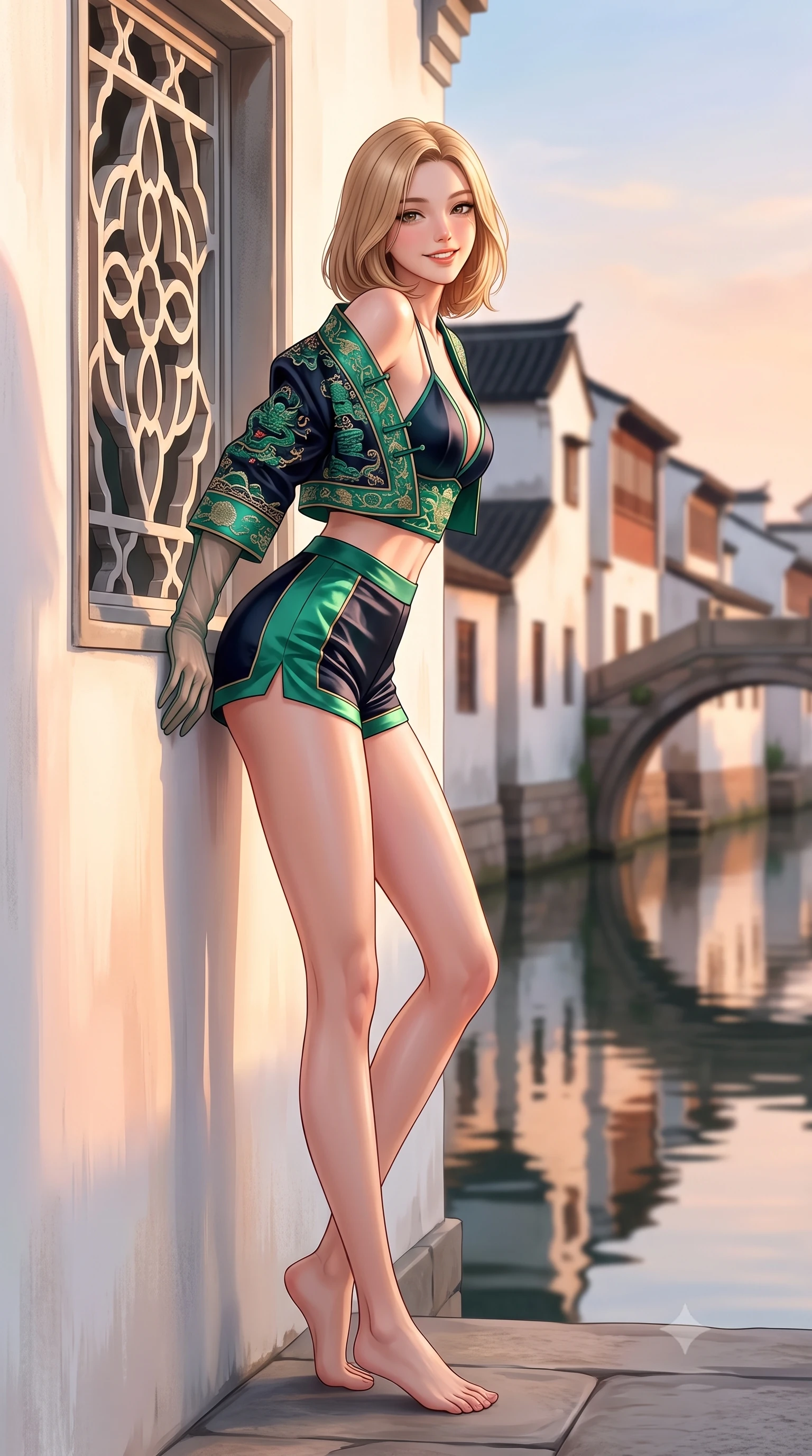 score_9, masterpiece, best quality, ultra-detailed, high-budget anime keyframe, semi-realistic 3D game render, editorial fashion photography, tasteful artistic composition, Korean woman. low angle full-body shot from head to toe showing her feet, filling the entire 9:16 vertical frame with her statuesque presence, stretching her vertical silhouette. leaning deep against the ancient temple wall with hips cocked back in an unapologetically alluring high-fashion stance, flashing a warm beaming smile while leaning against an ornate lattice window with hips cocked back, looking over a bare shoulder with an intoxicating, sun-dappled gaze. The background shows a soft-focus whitewashed canal houses with black-tiled gables and arched stone packhorse bridges blurred into peach, terracotta, and water-reflection bokeh. She has an absolutely perfect, statuesque 8.5-heads proportion, an exceptionally tall and slender model-like female figure with impossibly long slender legs, an ultra-slim waist, a flat toned midriff, narrow delicate ribcage, and beautifully sculpted feminine hips creating a graceful, slim hourglass silhouette without any bulky heaviness. sharp v-shaped jawline, high-bridge nose, intricate jewel-like dark sparkling almond eyes with depth, thick lashes, glossy parted lips with a natural rose-plum sheen, bright alluring and coquettish smile with bedroom-eyes, exuding both timeless oriental elegance and sovereign high-fashion allure, flawlessly proportioned anatomical accuracy, strict slender model proportions, natural body alignment, perfectly sculpted long slender limbs, ultra-slim waistline, clean dynamic posture without body distortion. wearing a cropped embroidered silk jacket worn over a plunging camisole top and tailored high-waisted hot-pants in deep midnight obsidian and luminous imperial jade green, crafted from heavy fluid silk satin with a liquid mirror-like sheen, complemented by delicate sheer silk fingerless gloves reaching past her elbows, the form-fitting tailored bodice adhering flawlessly to her sculpted flat midriff and slender torso, emphasizing her long leg lines and perfectly proportioned willowy build. bathed in warm late-afternoon golden hour light reflecting off whitewashed walls and calm waters. highly saturated vibrant anime colors, detailed shading with soft gradients, rich glossy textures, high-contrast stereoscopic depth, volumetric dynamic lighting, master piece, 9:16 ratio
