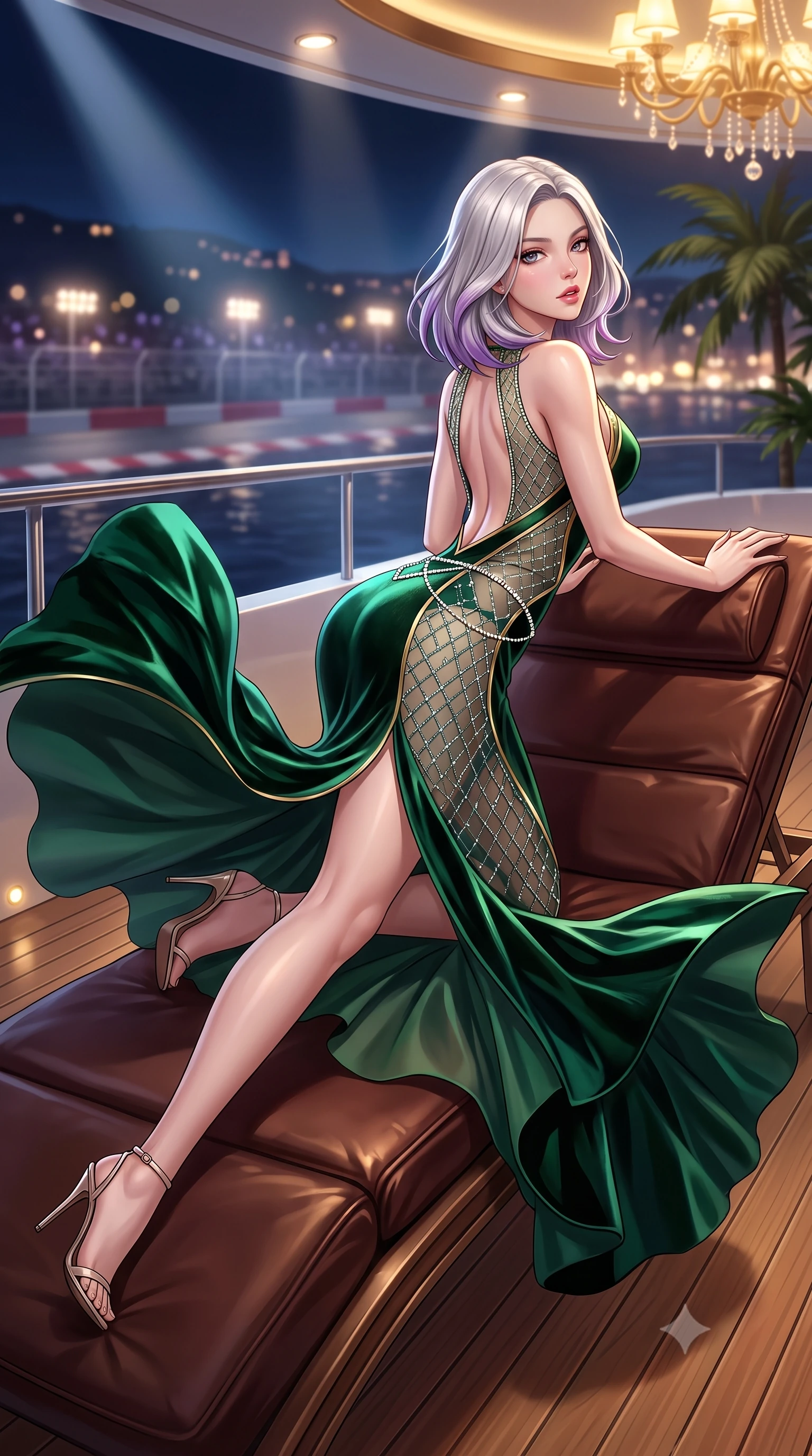 score_9, masterpiece, best quality, ultra-detailed, high-budget anime keyframe, semi-realistic 3D game render, editorial fashion photography, tasteful artistic composition, Caucasian woman. low angle full-body shot from head to toe showing her feet, filling the entire 9:16 vertical frame with her statuesque presence, stretching her vertical silhouette. executing an elegant mid-motion pivot turn as garments swirl around her slender limbs, glancing over her shoulder with an intoxicating bedroom-gaze while lounging languidly across an outdoor leather yacht lounger, one leg extended and torso propped on one elbow to accentuate her sweeping hip line. The composition keeps background elements in soft focus with creamy bokeh. grand prix circuit barriers and terrace palm trees softened in glamorous shallow focus. She has an absolutely perfect, statuesque 8.5-heads proportion, an exceptionally tall and slender model-like female figure with impossibly long slender legs, a toned flat midriff, an ultra-slim waist, and beautifully sculpted feminine hips. sharp v-shaped jawline, high-bridge nose, intricate jewel-like eyes with depth, thick eyelashes, glossy parted lips with a natural sheen, intensely captivating and seductive bedroom-eyes expression, flawlessly proportioned anatomical accuracy, strict slender model proportions, natural body alignment, perfectly sculpted long slender limbs, ultra-slim waistline, clean dynamic posture without body distortion. wearing a sheer vintage mesh evening gown adorned with intricate geometric crystal beadwork over an opaque slip in deep emerald green and polished gold hardware, crafted from heavyweight crushed silk velvet with liquid luster, accented with a dainty diamond waist chain catching the casino chandelier reflections, the form-contouring material adhering flawlessly to her sculpted flat midriff and slender torso, emphasizing her long leg lines and perfectly proportioned willowy build. illuminated by crisp directional spotlights sharply defining her narrow waistline, sculpted spine, and curvy hips. highly saturated vibrant anime colors, detailed shading with soft gradients, rich glossy textures, high-contrast stereoscopic depth, volumetric dynamic lighting, master piece, 9:16 ratio
