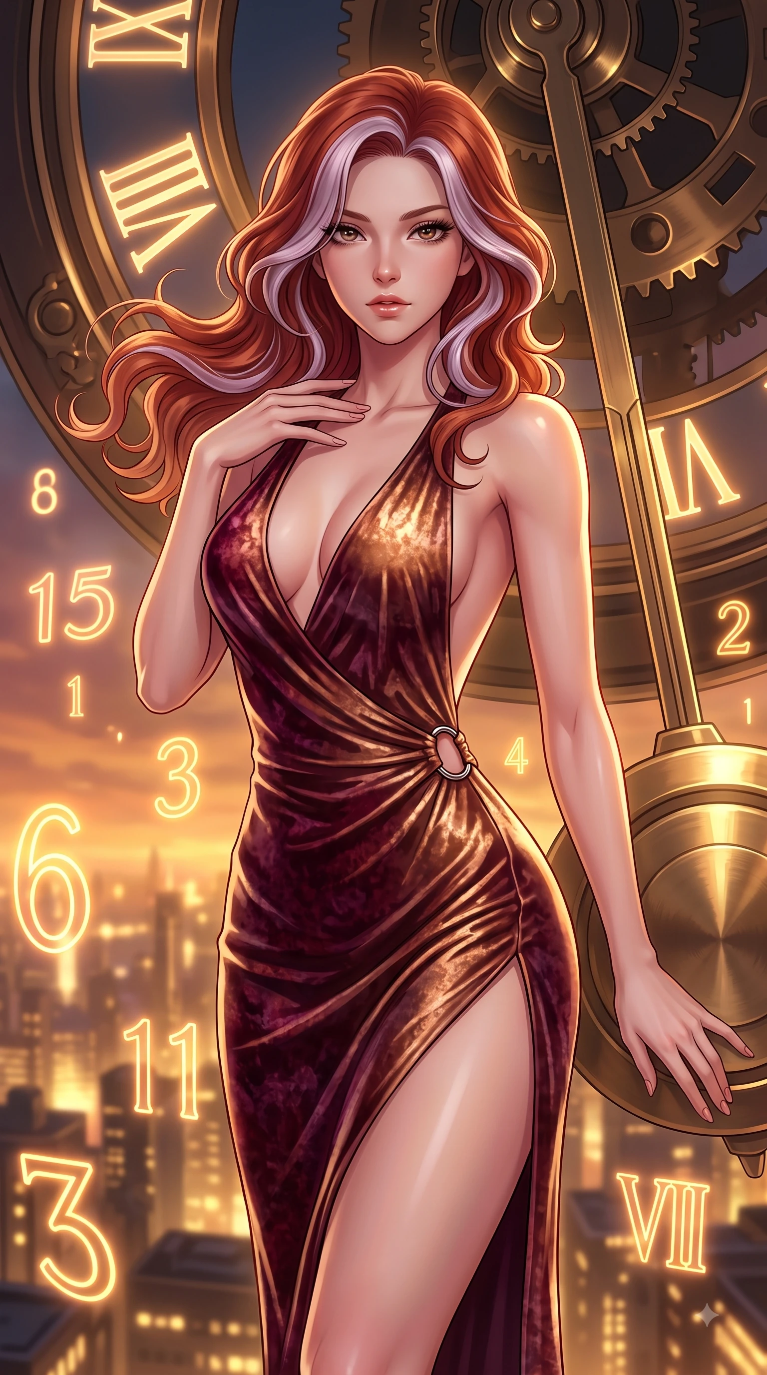 score_9, masterpiece, best quality, ultra-detailed, high-budget anime keyframe, editorial fashion photography, tasteful artistic composition, Caucasian woman. close-up cowboy shot from the waist and thighs up, the character dominates the composition, filling the frame with her large presence, background elements kept in soft focus. Pivoting her torso in an alluring S-curve alignment, one hand gently tracing her collarbone with poise while resting against a mechanical clock pendulum swinging over a golden illuminated city below, glowing neon clock numbers floating in the air with vintage elegancy. She has an exceptionally elegant, slender, and willowy female figure with an ultra-slim waist, a gracefully sculpted slender torso, and a refined silhouette. sharp v-shaped jawline, high-bridge nose, intricate jewel-like eyes with depth, thick eyelashes, glossy lips with a natural sheen, flawlessly proportioned anatomical accuracy, natural body alignment, perfectly sculpted elegant limbs, clean dynamic posture without body distortion. wearing a backless crushed velvet gown with a deep V-neckline and high thigh slit in deep burgundy and bronze, crafted from smooth liquid silk, accented with delicate chrome ring hardware framing her waist, the glove-like fit emphasizing her statuesque silhouette during motion. bathed in warm twilight amber backlighting and rich metallic specular glow. highly saturated vibrant anime colors, detailed shading with soft gradients, rich glossy textures, high-contrast stereoscopic depth, volumetric dynamic lighting, master piece, 9:16 ratio