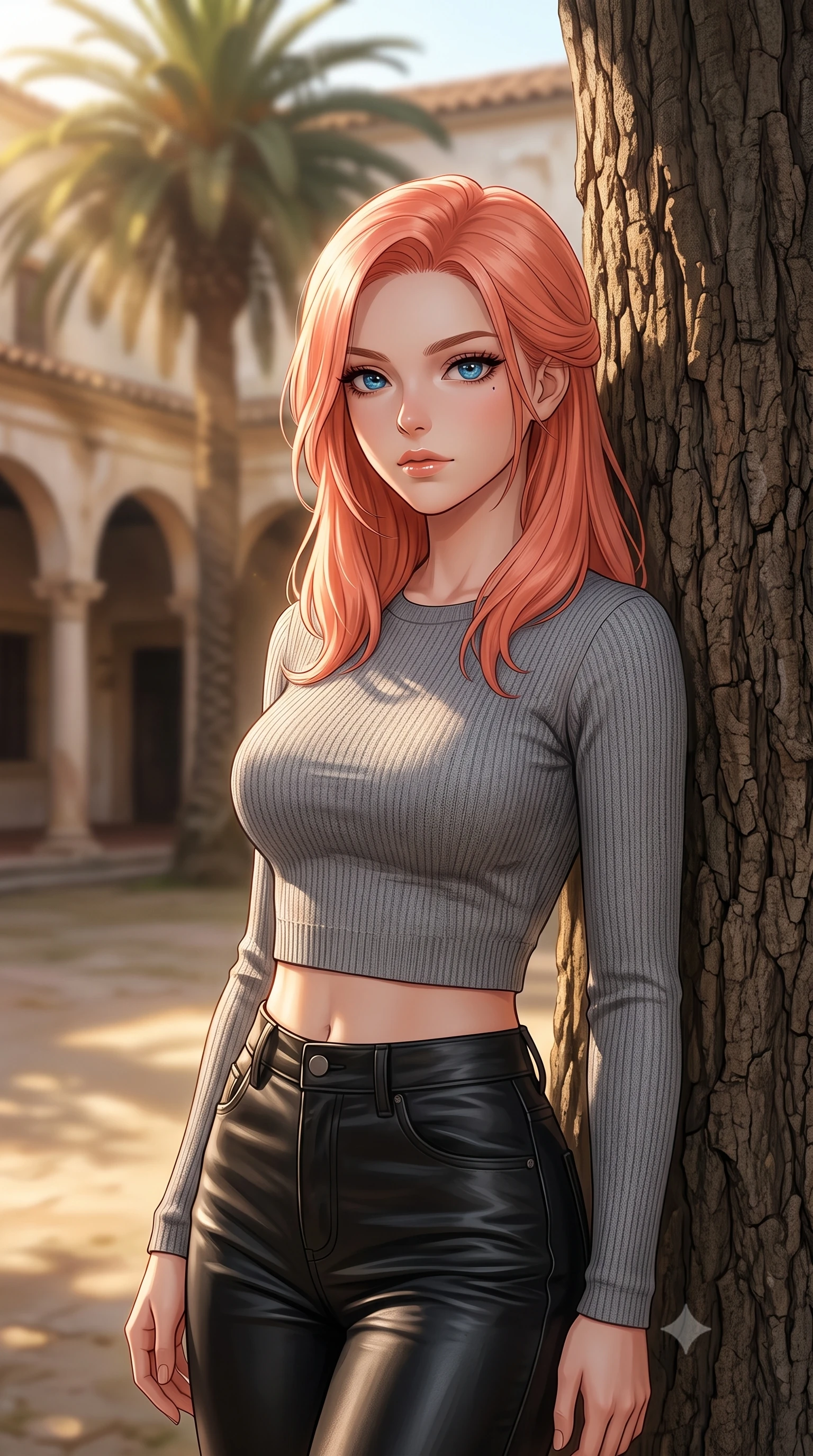 score_9, masterpiece, best quality, ultra-detailed, high-budget anime keyframe, editorial fashion photography, tasteful artistic composition, Japanese woman woman. close-up cowboy shot from the waist and thighs up, the character dominates the composition, filling the frame with her large presence, background elements kept in soft focus. standing relaxed against a tree trunk, sharing a quiet, serene moment with the viewer the background shows a soft-focus a courtyard of an old Spanish hacienda with a large arched corridor and central palm tree. She has an exceptionally elegant, slender, and willowy female figure with an ultra-slim waist, a gracefully sculpted slender torso, and a refined silhouette. sharp v-shaped jawline, high-bridge nose, intricate jewel-like eyes with depth, thick eyelashes, glossy lips with a natural sheen. wearing a body-hugging body-hugging long-sleeve crop top in grey knit, paired with high-waisted black leather pants. warm afternoon sunbeams creating a peaceful, historical atmosphere. 2k, ultra detail, master piece, 9:16 ratio