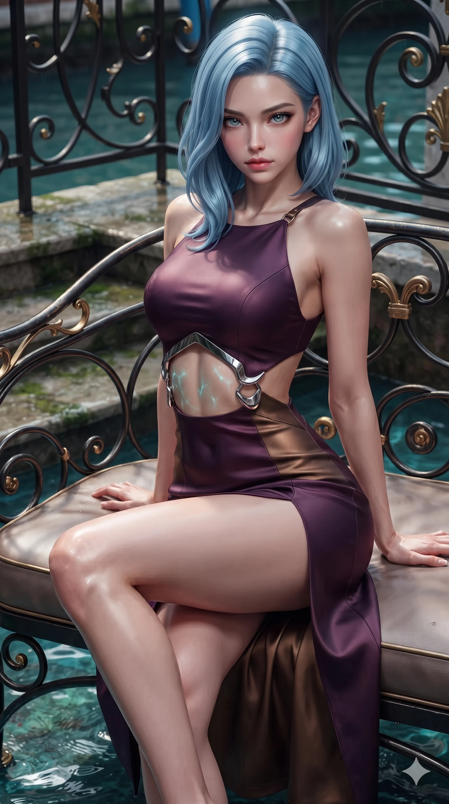 score_9, masterpiece, best quality, ultra-detailed, high-budget anime keyframe, editorial fashion photography, tasteful artistic composition, Korean woman. close-up cowboy shot from the waist and thighs up, the character dominates the composition, filling the frame with her large presence. perched sideways on the lounge seat, one knee drawn up to showcase her slender leg line while her arched back accentuates her feminine hip curve while twisting her slender torso in an alluring S-curve, liquid turquoise canal reflections dancing across her flat midriff and hourglass curves. The surrounding environment is rendered in vivid detail and crisp panoramic clarity: sharp wrought-iron scrollwork with gold accents, wet mossy marble step texture, and crisp water ripple caustic patterns in deep focus. She has an exceptionally elegant, slender, and willowy female figure with an ultra-slim waist, flat toned midriff, narrow ribcage, and sculpted feminine hips creating an alluring, slim hourglass silhouette without bulk. sharp v-shaped jawline, high-bridge nose, intricate jewel-like eyes with depth, thick eyelashes, glossy parted lips with a natural sheen, intensely captivating and seductive bedroom-eyes expression, flawlessly proportioned anatomical accuracy, strict slender model proportions, natural body alignment, perfectly sculpted long slender limbs, ultra-slim waistline, clean dynamic posture without body distortion. wearing a provocative open-waist cutout mini dress framed by sculptural chrome hardware and thigh-high slit in deep plum violet and antique bronze, tailored from heavy Italian silk mikado with an architectural structured drape, finished with criss-cross back satin straps highlighting her graceful shoulder blades, the precision-cut side openings and low-back scoop framing her graceful spine and the sensual sweep of her slim, toned hips. illuminated by water reflection bounce and sharp cyan-amber rim lights defining her jawline, narrow waist, and curvy hips. ultra-reflective glossy finish, specular highlights, rich textural contrasts, high-contrast stereoscopic depth, volumetric dynamic lighting, 2k, ultra detail, master piece, 9:16 ratio