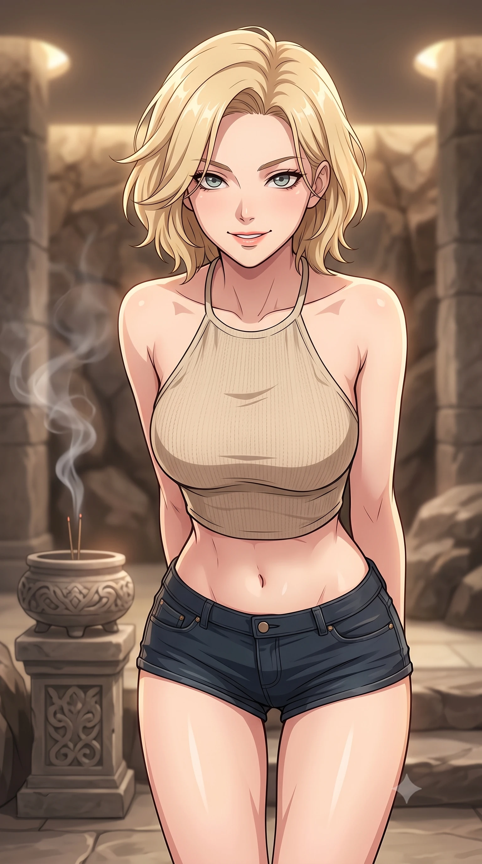 score_9, masterpiece, best quality, ultra-detailed, high-budget anime keyframe, tasteful artistic composition, Caucasian woman. close-up cowboy shot from the waist and thighs up, the character dominates the composition, filling the frame with her large presence, background elements kept in soft focus. leaning slightly forward with a playful, teasing smile, her gaze locked onto the viewer the background shows a soft-focus a high-end spa suite room with stone pillars and soft incense smoke rising. She has an exceptionally elegant, slender, and willowy female figure with an ultra-slim waist, a gracefully sculpted slender torso, and a refined silhouette. sharp v-shaped jawline, high-bridge nose, intricate jewel-like eyes with depth, thick eyelashes, glossy lips with a natural sheen. wearing a slim-fit chic knit halter crop top paired with denim micro-shorts, showing her delicately sculpted midriff. low-contrast, soft warm ambient uplight casting a peaceful glow. highly saturated vibrant anime colors, cel-shading, 2d style, master piece, 9:16 ratio
