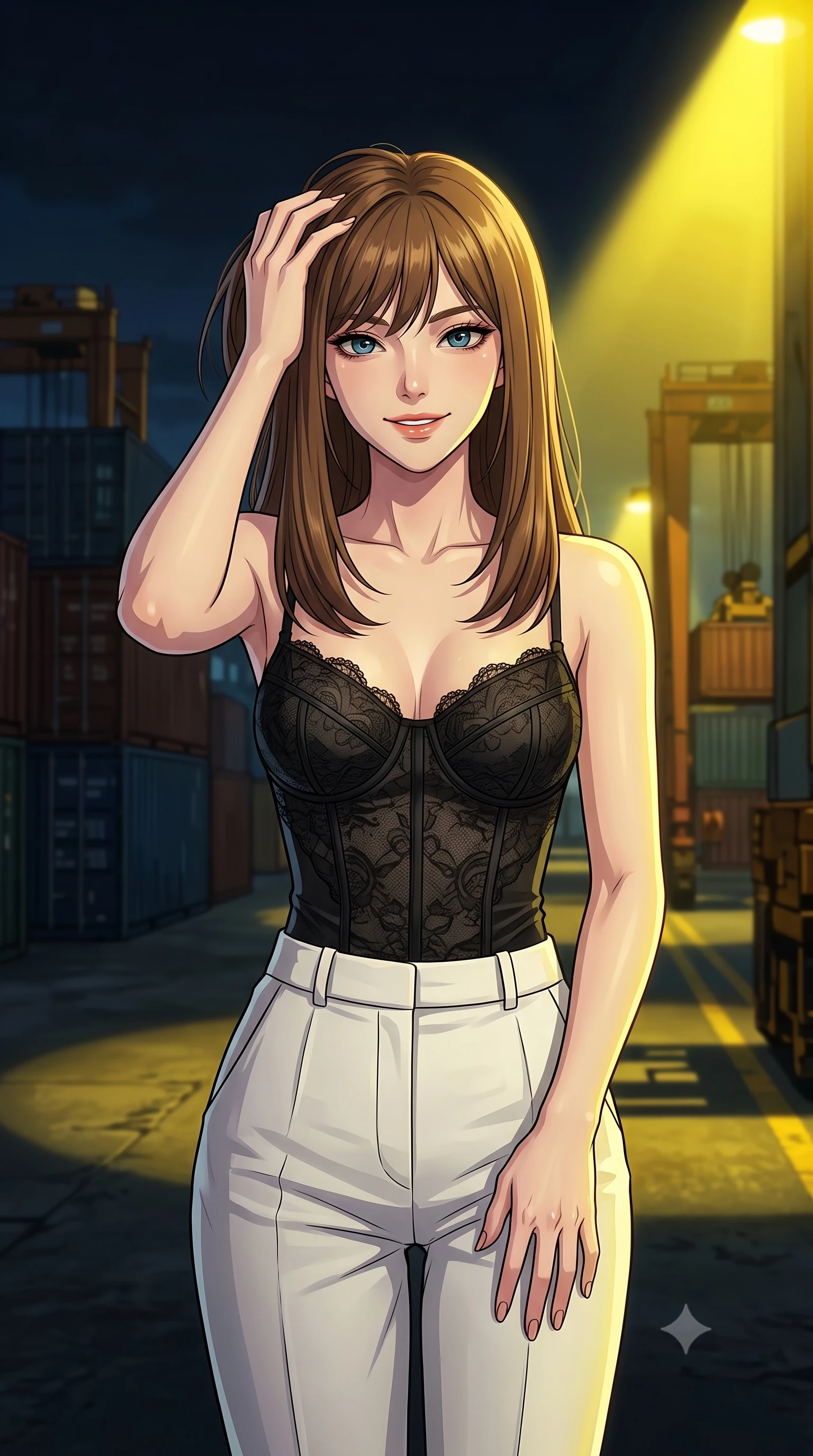 score_9, masterpiece, best quality, ultra-detailed, high-budget anime keyframe, tasteful artistic composition, Korean woman. close-up cowboy shot from the waist and thighs up, the character dominates the composition, filling the frame with her large presence, background elements kept in soft focus. smiling with quiet, magnetic self-assurance directly into the camera, running a hand through her hair the background shows a soft-focus a dark industrial docks area with shipping containers and automated cargo cranes. She has an exceptionally elegant, slender, and willowy female figure with an ultra-slim waist, a gracefully sculpted slender torso, and a refined silhouette. sharp v-shaped jawline, high-bridge nose, intricate jewel-like eyes with depth, thick eyelashes, glossy lips with a natural sheen. wearing a slim-fit delicate lace corset top in black silk, paired with high-waisted white linen trousers. harsh sodium yellow spotlights casting long dramatic industrial shadows. highly saturated vibrant anime colors, cel-shading, 2d style, master piece, 9:16 ratio