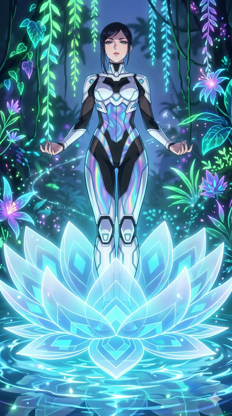 score_9, masterpiece, best quality, ultra-detailed, High-budget Anime Keyframe, vibrant colors, fluid line-art, expressive lighting, cinematic composition, Ufotable-style visual effects, top-tier animation quality, Japanese woman with delicate and elegant anime-inspired features. Low angle cowboy shot filling the entire 9:16 frame with her statuesque presence, looking up to emphasize her height. Meditating atop a massive digital lotus blossom that floats on a pond of liquid light. She has an absolutely perfect 8-heads proportion, an exceptionally tall and slender female figure with impossibly long slender legs and an ultra-slim waist, her statuesque height and towering silhouette dominating the vertical 9:16 frame. Her face is a masterpiece featuring a sharp v-shaped jawline, high-bridge nose, intricate jewel-like eyes with depth, thick eyelashes, and glossy lips with a natural sheen. She is wearing a White chrome-plated armor plating over a black plugsuit, featuring holographic fabric that shifts colors based on light and peek-a-boo mesh.. The scene is set in a bioluminescent jungle where every leaf and flower glows with a unique frequency. 2k, ultra detail, master piece, 9:16 ratio