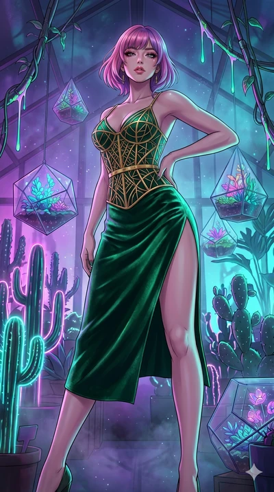 score_9, masterpiece, best quality, ultra-detailed, high-budget anime keyframe, Korean woman. low angle full-body shot filling the entire 9:16 frame with her statuesque presence, stretching the vertical silhouette. standing in a retro-futuristic synt