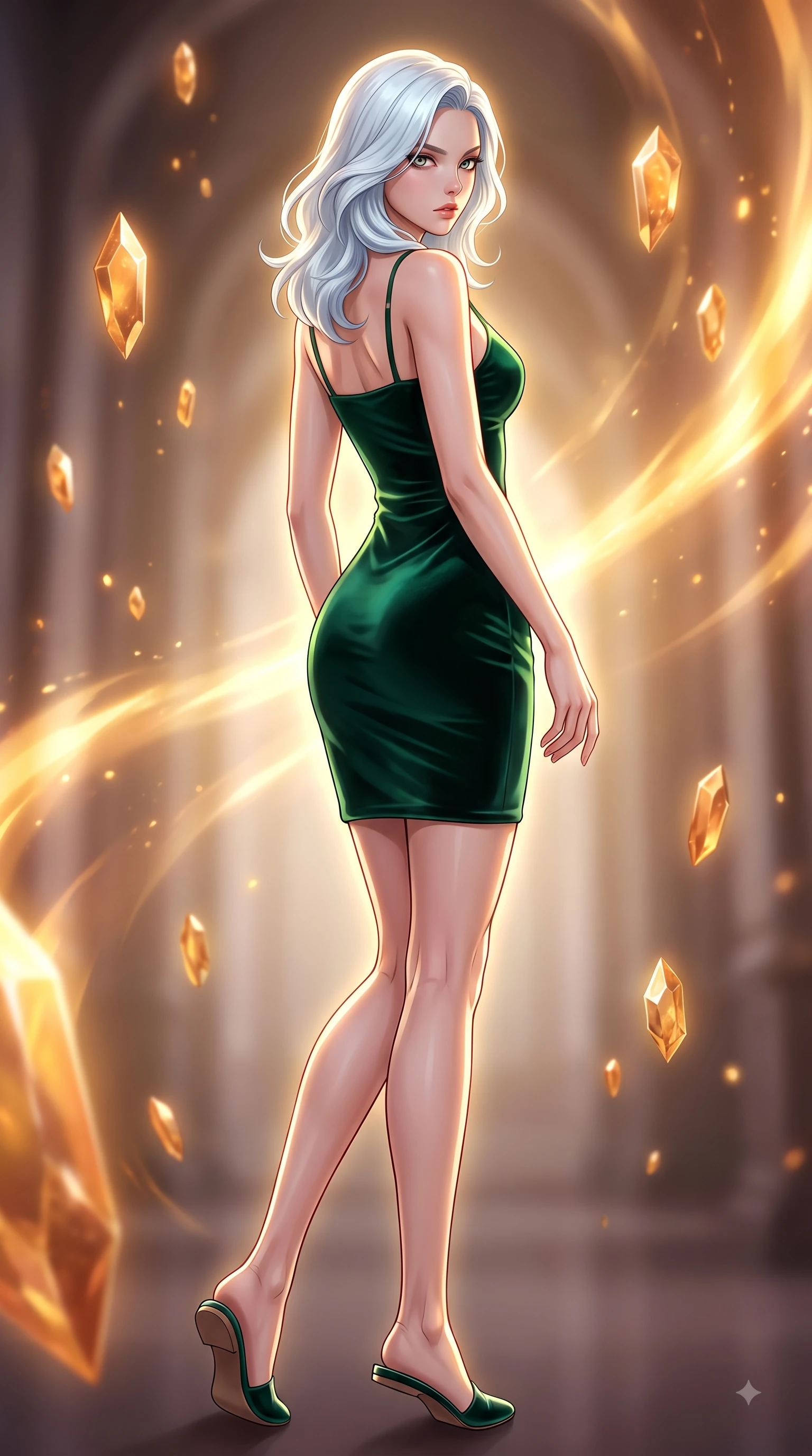 score_9, masterpiece, best quality, ultra-detailed, high-budget anime keyframe, editorial fashion photography, tasteful artistic composition, Korean woman woman. low angle full-body shot from head to toe showing her feet, filling the entire 9:16 vertical frame with her statuesque presence, stretching her vertical silhouette. She has an absolutely perfect, statuesque 8.5-heads proportion, an exceptionally tall and slender model-like female figure with impossibly long slender legs and an ultra-slim waist. turning fluidly while glancing back over her shoulder with magnetic intensity and statuesque grace, flawlessly proportioned anatomical accuracy, natural body alignment, perfectly sculpted elegant limbs, clean dynamic posture without body distortion. set against a soft-focus background of a temporal corridor with floating amber time crystals. wearing a fitted dark emerald velvet slip dress with a smooth liquid sheen and delicate straps. bathed in golden temporal energy flares casting dramatic volumetric rim lighting. highly saturated vibrant anime colors, detailed shading with soft gradients, rich glossy textures, high-contrast stereoscopic depth, volumetric dynamic lighting, master piece, 9:16 ratio