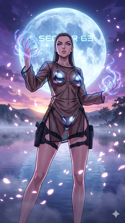 score_9, masterpiece, best quality, ultra-detailed, Set A: High-budget Anime Keyframe, Caucasian (strictly human ears) woman. Low angle cowboy shot filling the entire 9:16 frame with her statuesque presence. Casting a spell through a misty lakeside a
