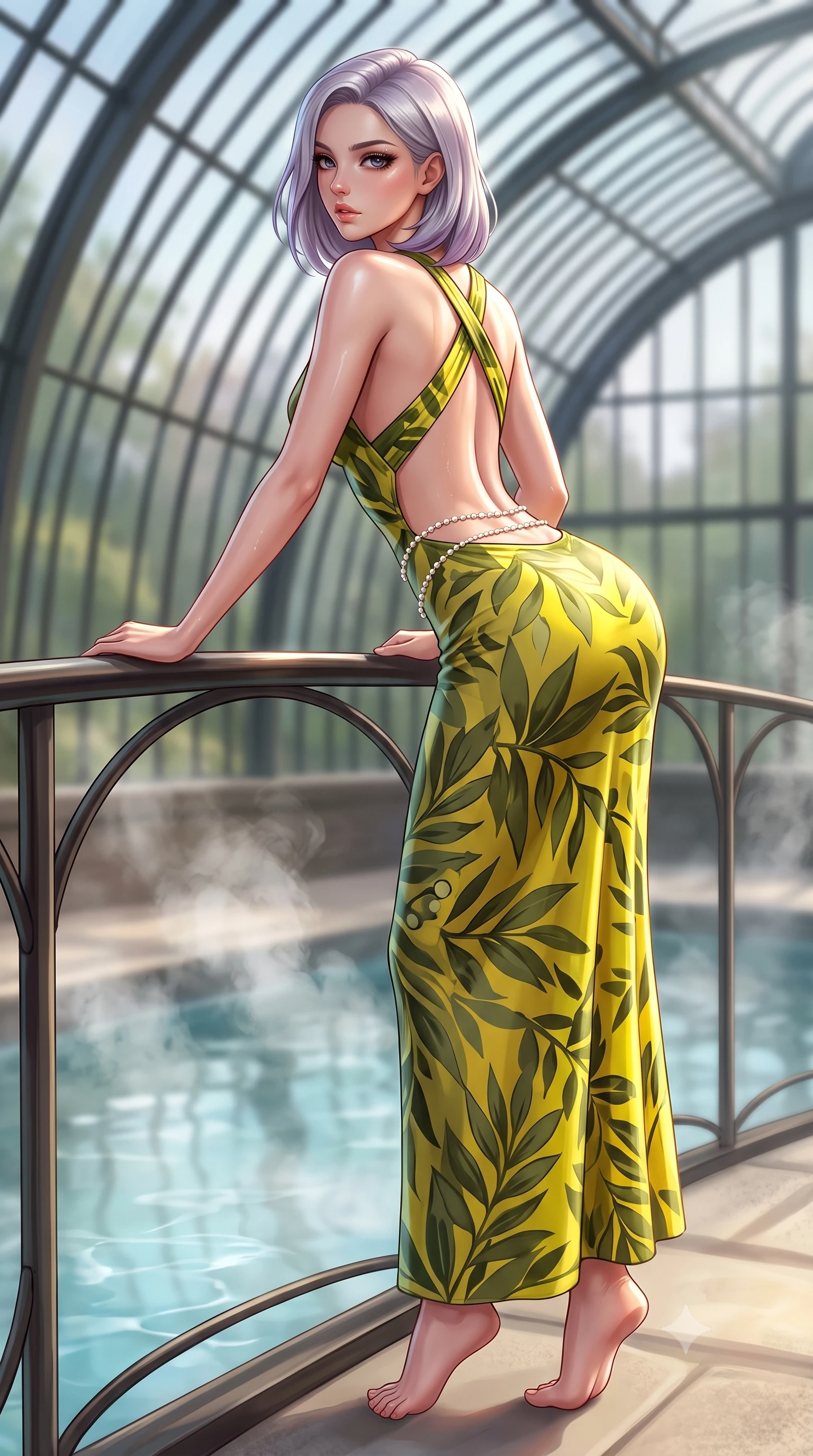 score_9, masterpiece, best quality, ultra-detailed, high-budget anime keyframe, semi-realistic 3D game render, editorial fashion photography, tasteful artistic composition, Caucasian woman. low angle full-body shot from head to toe showing her feet, filling the entire 9:16 vertical frame with her statuesque presence, stretching her vertical silhouette. executing an elegant mid-motion pivot turn as garments swirl around her slender limbs, glancing over her shoulder with an intoxicating bedroom-gaze while leaning forward over the curved iron glasshouse railing with hips cocked back, looking back over her bare shoulder with sun-dazed bedroom-eyes. The composition keeps background elements in soft focus with creamy bokeh. steaming pool water vapors and curved Victorian iron ribs softened in dreamy shallow focus. She has an absolutely perfect, statuesque 8.5-heads proportion, an exceptionally tall and slender model-like female figure with impossibly long slender legs, a toned flat midriff, an ultra-slim waist, and beautifully sculpted feminine hips. sharp v-shaped jawline, high-bridge nose, intricate jewel-like eyes with depth, thick eyelashes, glossy parted lips with a natural sheen, intensely captivating and seductive bedroom-eyes expression, flawlessly proportioned anatomical accuracy, strict slender model proportions, natural body alignment, perfectly sculpted long slender limbs, ultra-slim waistline, clean dynamic posture without body distortion. wearing an open-waist botanical print silk maxi gown with crossed halter straps and bare back in olive leaf green and bright solar yellow, made of liquid bamboo jersey adhering seamlessly to her slender frame, accented with dainty pearl waist chains framing her sun-kissed midriff, the form-contouring material adhering flawlessly to her sculpted flat midriff and slender torso, emphasizing her long leg lines and perfectly proportioned willowy build. illuminated by wet specular highlights accentuating her slender neckline, sculpted waist, and rounded hips. highly saturated vibrant anime colors, detailed shading with soft gradients, rich glossy textures, high-contrast stereoscopic depth, volumetric dynamic lighting, master piece, 9:16 ratio