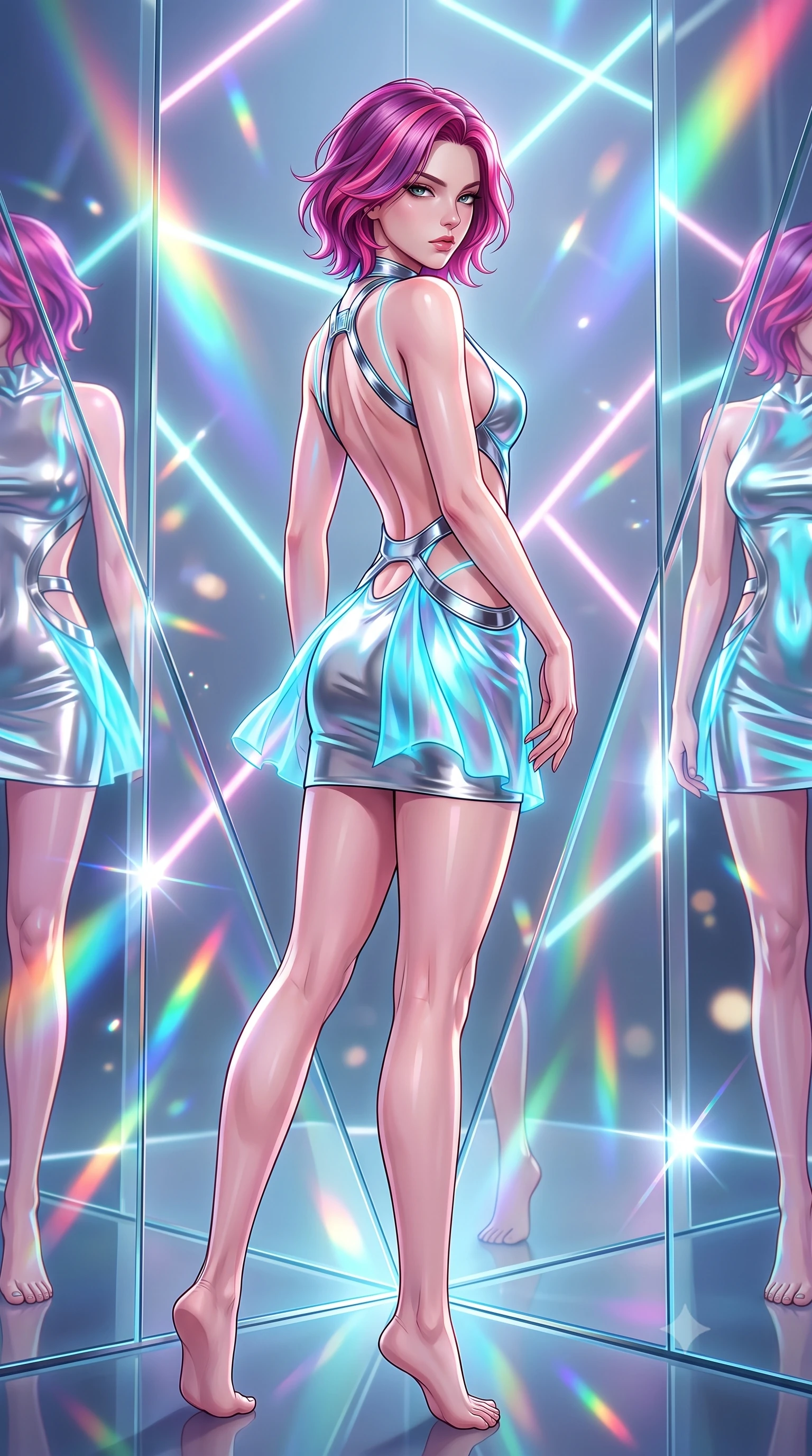 score_9, masterpiece, best quality, ultra-detailed, high-budget anime keyframe, semi-realistic 3D game render, editorial fashion photography, tasteful artistic composition, Caucasian woman. low angle full-body shot from head to toe showing her feet, filling the entire 9:16 vertical frame with her statuesque presence, stretching her vertical silhouette. pivoting dynamically in mid-motion with a breathtakingly alluring posture, displaying her flawless model proportions and ultra-slim waist while pausing at the intersection of giant glass mirrors with a haughty, smoldering editorial gaze. The composition keeps background elements in soft focus with creamy bokeh. glowing neon geometric lines scattering radiant specular light across a sleek backdrop. She has an absolutely perfect, statuesque 8.5-heads proportion, an exceptionally tall and slender model-like female figure with impossibly long slender legs and an ultra-slim waist. sharp v-shaped jawline, high-bridge nose, intricate jewel-like eyes with depth, thick eyelashes, glossy lips with a natural sheen, flawlessly proportioned anatomical accuracy, natural body alignment, perfectly sculpted elegant limbs, clean dynamic posture without body distortion. wearing a second-skin fashion-latex mini dress with a clean architectural front, featuring an open-back design that wraps around the sides of her waist, showcasing her slender silhouette in liquid mercury silver and glowing electric cyan, made of smooth iridescent silk chiffon that shifts colors with movement, reinforced by a sleek metallic chrome harness and delicate glowing micro-straps, the glove-like fit tightly following every curve of her statuesque athletic build. bathed in multi-colored rainbow prism spotlights and intense specular chrome highlights. highly saturated vibrant anime colors, detailed shading with soft gradients, rich glossy textures, high-contrast stereoscopic depth, volumetric dynamic lighting, master piece, 9:16 ratio