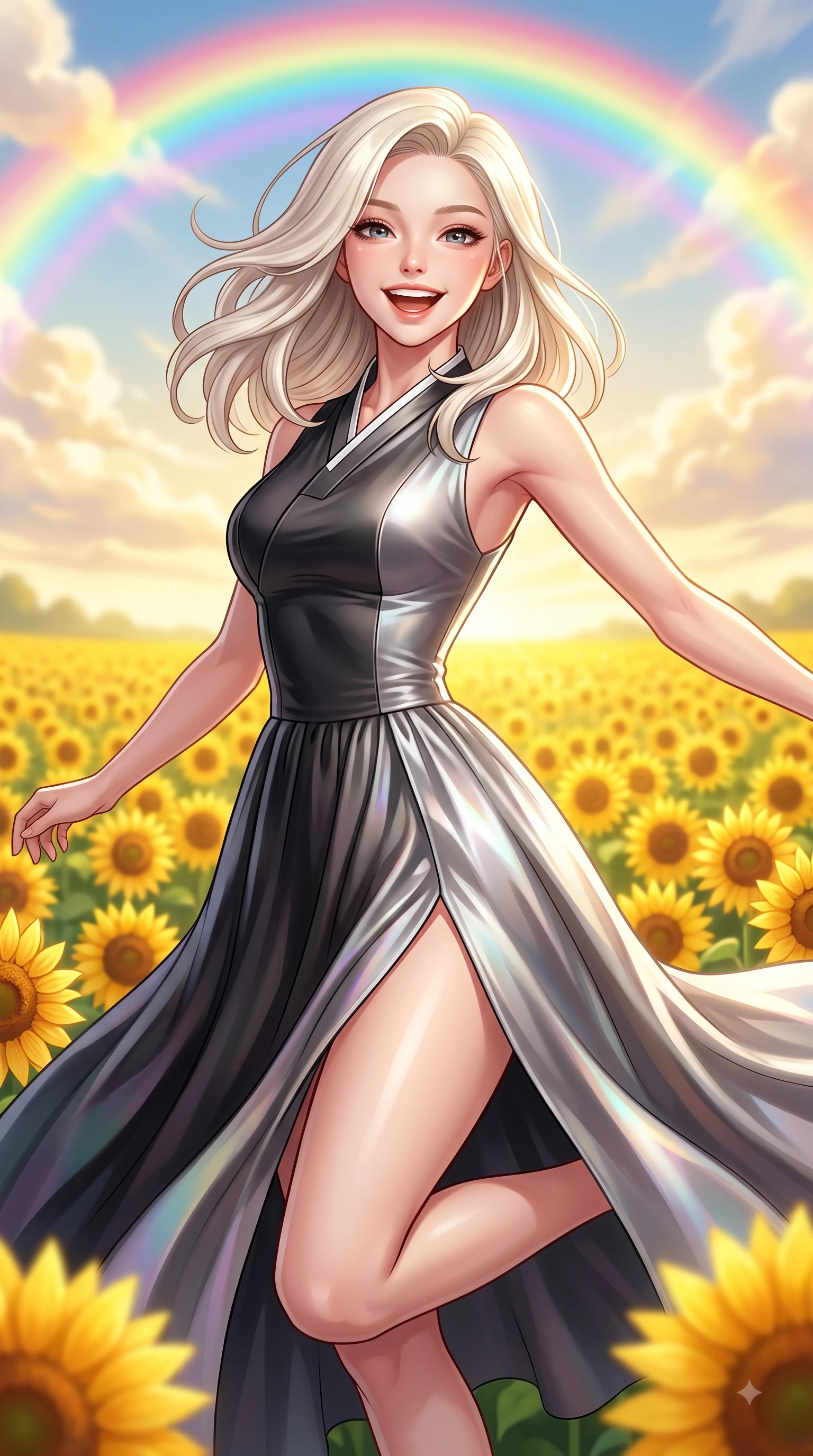 score_9, masterpiece, best quality, ultra-detailed, high-budget anime keyframe, editorial fashion photography, tasteful artistic composition, Caucasian woman. close-up cowboy shot from the waist and thighs up, the character dominates the composition, filling the frame with her large presence, background elements kept in soft focus. Radiant bright smile with sparkling eyes directed right into the lens, her torso turning in a dynamic S-curve alignment while leaping with pure joy across a endless field of blooming golden sunflowers under a rainbow sky, a sweeping vista of rolling green hills glowing in warm bright sunlight. She has an exceptionally elegant, slender, and willowy female figure with an ultra-slim waist, a gracefully sculpted slender torso, and a refined silhouette. sharp v-shaped jawline, high-bridge nose, intricate jewel-like eyes with depth, thick eyelashes, glossy lips with a natural sheen, flawlessly proportioned anatomical accuracy, natural body alignment, perfectly sculpted elegant limbs, clean dynamic posture without body distortion. wearing a modern fusion silk hanbok dress with a structured bodice and flowing skirt in matte black and polished silver, crafted from iridescent chiffon that shifts colors in the light, finished with a sleek side slit ascending to mid-thigh, the sleek second-skin texture accentuating her magnetic presence. bathed in brilliant sunny morning light and warm golden meadow sunbursts. highly saturated vibrant anime colors, detailed shading with soft gradients, rich glossy textures, high-contrast stereoscopic depth, volumetric dynamic lighting, master piece, 9:16 ratio