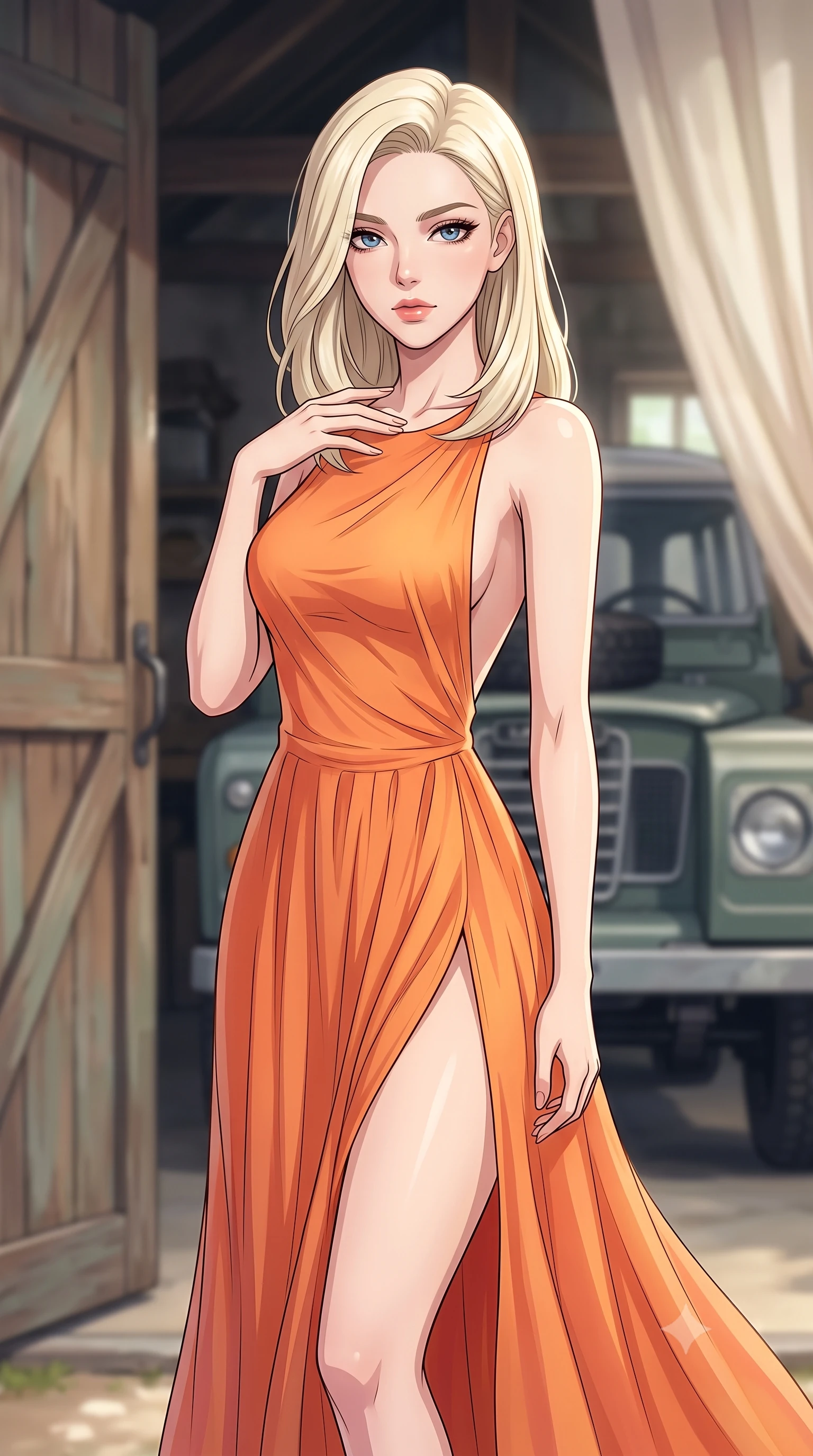 score_9, masterpiece, best quality, ultra-detailed, high-budget anime keyframe, tasteful artistic composition, Caucasian woman. close-up cowboy shot from the waist and thighs up, the character dominates the composition, filling the frame with her large presence, background elements kept in soft focus. standing with one hand resting on her collarbone, looking at the viewer with bedroom-eyes the background shows a soft-focus a cozy cottage garage with wooden doors and a parked classic utility vehicle. She has an exceptionally elegant, slender, and willowy female figure with an ultra-slim waist, a gracefully sculpted slender torso, and a refined silhouette. sharp v-shaped jawline, high-bridge nose, intricate jewel-like eyes with depth, thick eyelashes, glossy lips with a natural sheen. wearing a slim-fit high-slit resort gown in sunset orange chiffon, featuring a daring thigh-slit and open back. soft afternoon daylight filtered through drapes, creating a serene, dreamy mood. highly saturated vibrant anime colors, cel-shading, 2d style, master piece, 9:16 ratio