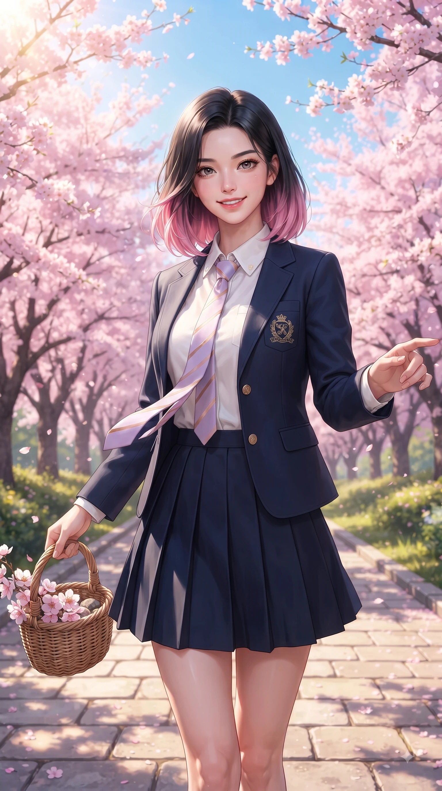 score_9, masterpiece, best quality, ultra-detailed, high-budget anime keyframe, editorial fashion photography, tasteful artistic composition, Korean woman. close-up cowboy shot from the waist and thighs up, the character dominates the composition, filling the frame with her large presence. Extending one arm in an elegant stretch toward the light while smiling with vibrant, youthful self-assurance while stepping along a sun-drenched park trail carrying a wicker basket with fresh youthful charm. The surrounding environment is rendered in vivid detail and crisp panoramic clarity. endless pink sakura tree arcades, sunlit stone pathways, and clear spring blue sky in deep focus. She has an exceptionally elegant, slender, and willowy female figure with an ultra-slim waist, a gracefully sculpted slender torso, and a refined silhouette. sharp v-shaped jawline, high-bridge nose, intricate jewel-like eyes with depth, thick eyelashes, glossy lips with a natural sheen, flawlessly proportioned anatomical accuracy, natural body alignment, perfectly sculpted elegant limbs, clean dynamic posture without body distortion. wearing a preppy academy blazer over a crisp collared shirt, navy pleated skirt, and a slim necktie in pastel lilac and soft rose gold, made of fine lightweight chiffon that flutters gently in the breeze, featuring elegant flutter sleeves and a graceful square neckline, the relaxed yet flattering fit accentuating her naturally graceful and slender figure. bathed in bright morning sunbeams and warm golden sakura backlighting. ultra-reflective glossy finish, specular highlights, metallic sheen, high-contrast stereoscopic depth, volumetric dynamic lighting, 2k, ultra detail, master piece, 9:16 ratio