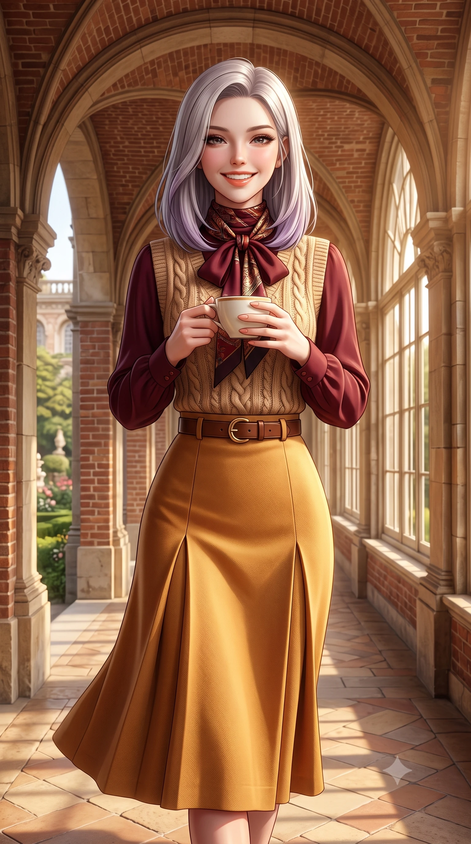 score_9, masterpiece, best quality, ultra-detailed, high-budget anime keyframe, semi-realistic 3D game render, editorial fashion photography, tasteful artistic composition, Caucasian woman. close-up cowboy shot from the waist and thighs up, the character dominates the composition, filling the frame with her large presence. holding a warm porcelain cup in both hands while tilting her head with an enchanting, beaming smile while walking along the sunny brick arched gallery, her wool pleated skirt swaying in graceful cadence with each step. The surrounding environment is rendered in vivid detail and crisp panoramic clarity: detailed cable-knit cashmere sweater ribbing, silk twilly neck scarf knot, and baroque palace garden craft in razor-sharp precision. She has an exceptionally elegant, slender, and willowy female figure with an ultra-slim waist, flat toned midriff, narrow ribcage, and sculpted feminine hips creating an alluring, slim hourglass silhouette without bulk. sharp v-shaped jawline, high-bridge nose, intricate jewel-like sparkling eyes with depth, thick eyelashes, glossy parted lips with a natural peach sheen, bright cheerful beaming smile with an enchanting and coquettish sensual glint, exuding both youthful cute charm and seductive allure, flawlessly proportioned anatomical accuracy, strict slender model proportions, natural body alignment, perfectly sculpted long slender limbs, ultra-slim waistline, clean dynamic posture without body distortion. wearing a fluid silk crepe pussy-bow blouse paired with a high-waisted tailored pencil midi skirt and slim leather belt in rich Oxford burgundy and golden amber, tailored from fine wool gabardine with crisp permanent pleats and sharp drape, finished with a smooth equestrian bridle-leather belt with a polished brass horseshoe buckle, the streamlined silhouette following her natural slender proportions with sophisticated poise, enhancing her tall willowy presence. bathed in warm 3200K autumn sunlight streaming through floor-to-ceiling arched south-facing conservatory windows. highly saturated vibrant anime colors, detailed shading with soft gradients, rich glossy textures, high-contrast stereoscopic depth, volumetric dynamic lighting, master piece, 9:16 ratio