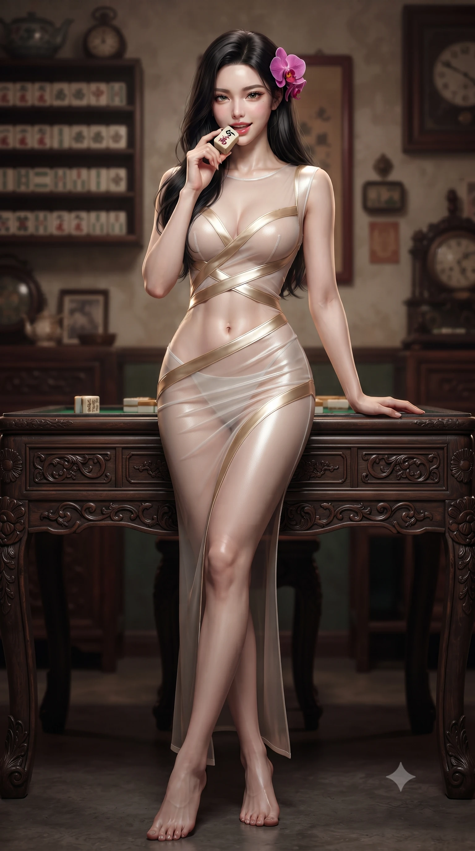 score_9, masterpiece, best quality, ultra-detailed, high-budget anime keyframe, editorial fashion photography, tasteful artistic composition, Korean woman. low angle full-body shot from head to toe showing her feet, filling the entire 9:16 vertical frame with her statuesque presence, stretching her vertical silhouette. lounging on the lavish daybed with legs crossed and hips angled toward the camera, displaying her toned midriff and long slender limbs with effortless siren poise while standing poised behind an ornate antique counter, holding an ornate ivory tile near her glossy parted lips with playful allure. The background shows a soft-focus vintage mahjong tiles softened in nostalgic clandestine salon shallow focus. She has an absolutely perfect, statuesque 8.5-heads proportion, an exceptionally tall and slender model-like female figure with impossibly long slender legs, an ultra-slim waist, a flat toned midriff, narrow delicate ribcage, and beautifully sculpted feminine hips creating a graceful, slim hourglass silhouette without any bulky heaviness. sharp v-shaped jawline, high-bridge nose, sparkling eyes with hypnotic seductive depth, thick curled eyelashes, glossy parted lips with a natural dewy peach sheen, alluring bedroom-eyes with an enchanting coquettish smile, exuding magnetic siren charisma and sophisticated glamour, flawlessly proportioned anatomical accuracy, strict slender model proportions, natural body alignment, perfectly sculpted long slender limbs, ultra-slim waistline, clean dynamic posture without body distortion. wearing a provocative sheer illusion mesh gown with liquid gold ribbons contouring her flat midriff and curvaceous hips in pure pearl alabaster with liquid platinum sheen, crafted from fluid liquid silk satin that clings smoothly to every curve with a dewy sheen, accented with a fresh-bloomed exotic magenta orchid tucked gracefully into her dark glossy hair, the second-skin tailored fabric adhering flawlessly to her sculpted flat midriff and slender torso, emphasizing her long leg lines and perfectly proportioned willowy build. illuminated by polished table bounce and sharp deep-red rim lights sculpting her jawline, flat midriff, and curvy hips. ultra-reflective glossy finish, specular highlights, rich textural contrasts, high-contrast stereoscopic depth, volumetric dynamic lighting, 2k, ultra detail, master piece, 9:16 ratio