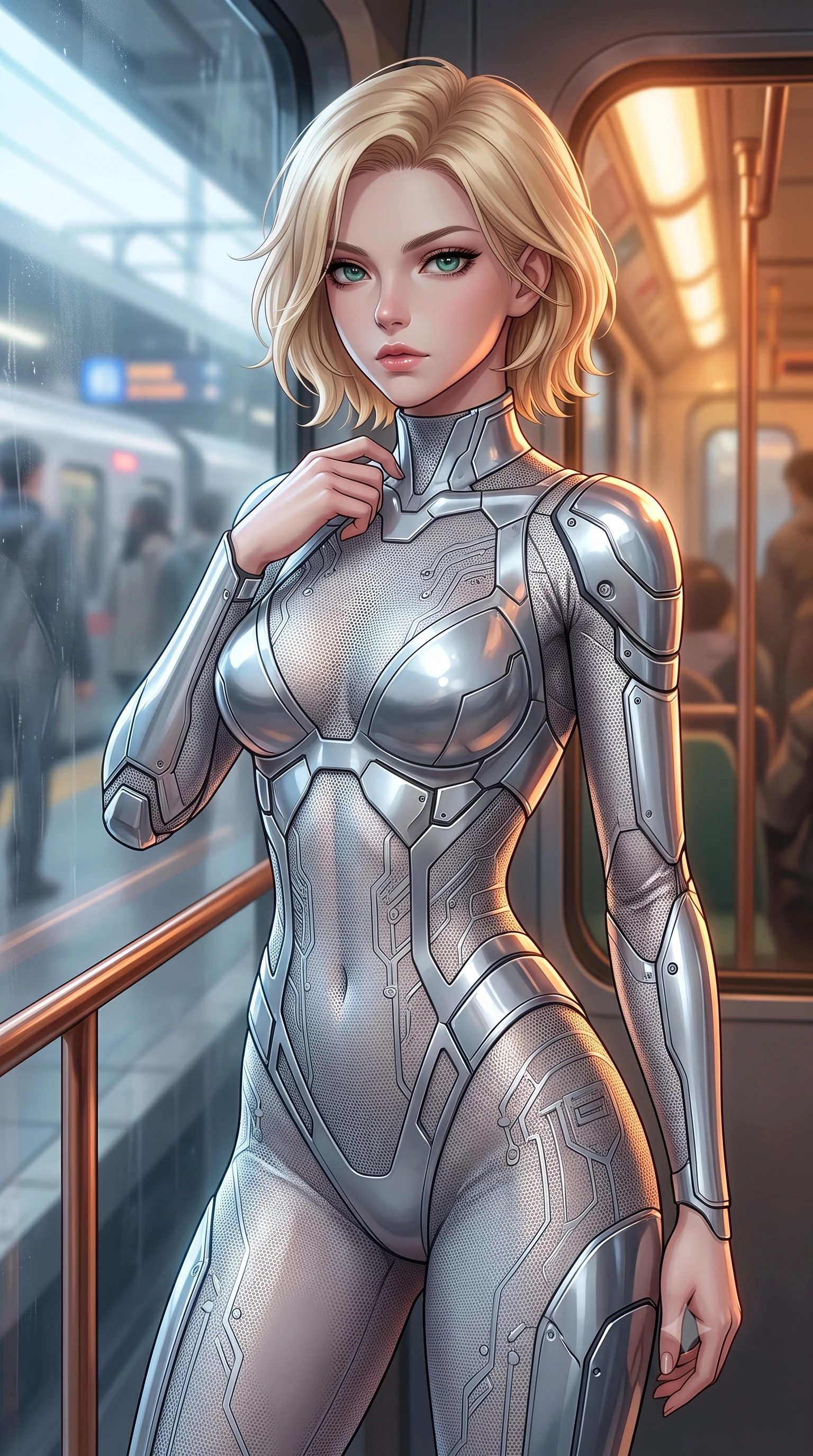 score_9, masterpiece, best quality, ultra-detailed, high-budget anime keyframe, editorial fashion photography, tasteful artistic composition, Caucasian woman. close-up cowboy shot from the waist and thighs up, the character dominates the composition, filling the frame with her large presence, background elements kept in soft focus. adjusting the high collar of her body-hugging suit, looking past the camera with quiet, sharp focus and a composed expression, the background shows a soft-focus a platform vestibule with copper handrails and misty glass panels. She has an exceptionally elegant, slender, and willowy female figure with an ultra-slim waist, a gracefully sculpted slender torso, and a refined silhouette. sharp v-shaped jawline, high-bridge nose, intricate jewel-like eyes with depth, thick eyelashes, glossy lips with a natural sheen. wearing a form-contouring delicate silver nano-mesh bodysuit with strategically placed chrome armor plate guards covering key curves. cool ambient daylight contrasting with warm amber light from train cabin. highly saturated vibrant anime colors, detailed shading with soft gradients, rich glossy textures, high-contrast stereoscopic depth, volumetric dynamic lighting, master piece, 9:16 ratio
