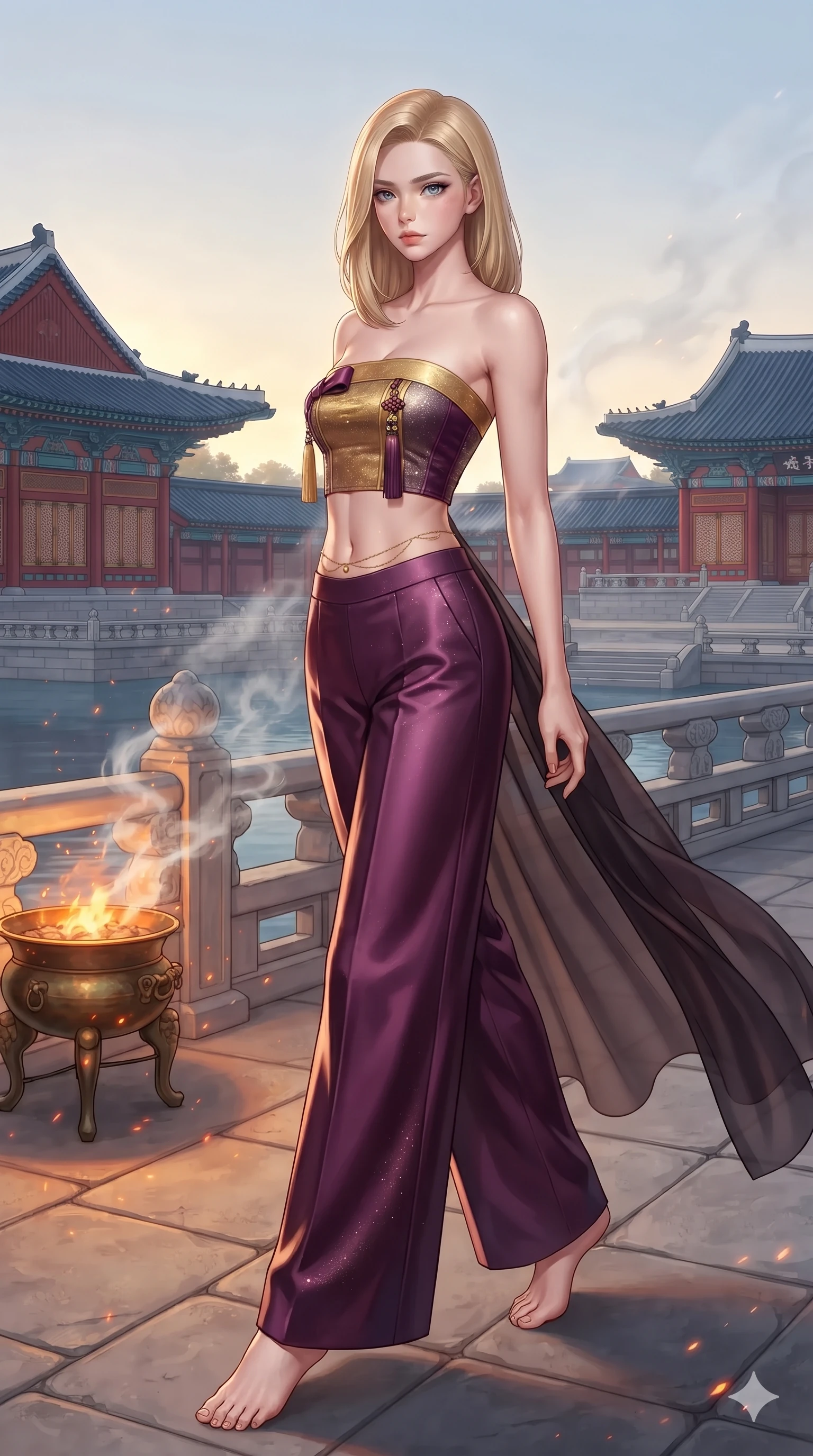 score_9, masterpiece, best quality, ultra-detailed, high-budget anime keyframe, editorial fashion photography, tasteful artistic composition, Korean woman. low angle full-body shot from head to toe showing her feet, filling the entire 9:16 vertical frame with her statuesque presence, stretching her vertical silhouette. walking along the waterfront terrace with poise, looking back over her bare shoulder with an irresistible smoldering bedroom-gaze while twisting her slender torso in an alluring S-curve among drifting incense smoke, warm brazier embers illuminating her hourglass curves. The surrounding environment is rendered in vivid detail and crisp panoramic clarity: detailed sheer dark chiffon gown drape, structured bodice silhouette, and imperial palace architecture in razor-sharp clarity. She has an absolutely perfect, statuesque 8.5-heads proportion, an exceptionally tall and slender model-like female figure with impossibly long slender legs, an ultra-slim waist, a flat toned midriff, narrow delicate ribcage, and beautifully sculpted feminine hips creating a graceful, slim hourglass silhouette without any bulky heaviness. sharp v-shaped jawline, high-bridge nose, sparkling eyes with hypnotic seductive depth, thick curled eyelashes, glossy parted lips with a natural dewy peach sheen, alluring bedroom-eyes with an enchanting coquettish smile, exuding magnetic siren charisma and sophisticated glamour, flawlessly proportioned anatomical accuracy, strict slender model proportions, natural body alignment, perfectly sculpted long slender limbs, ultra-slim waistline, clean dynamic posture without body distortion. wearing a modern strapless boned hanbok bustier with traditional norigae tassel accents paired with high-waisted wide-leg silk trousers in imperial gold and royal plum purple, woven from metallic lurex thread casting radiant starlight glints across her silhouette, finished with a dainty gold belly chain resting across her flat midriff and curving hips, the form-contouring silhouette accentuating her sculpted flat midriff, narrow delicate ribcage, and gracefully curvy hips with intoxicating allure. bathed in warm 2200K bronze brazier glow cutting through atmospheric white incense smoke. ultra-reflective glossy finish, specular highlights, rich textural contrasts, high-contrast stereoscopic depth, volumetric dynamic lighting, 2k, ultra detail, master piece, 9:16 ratio